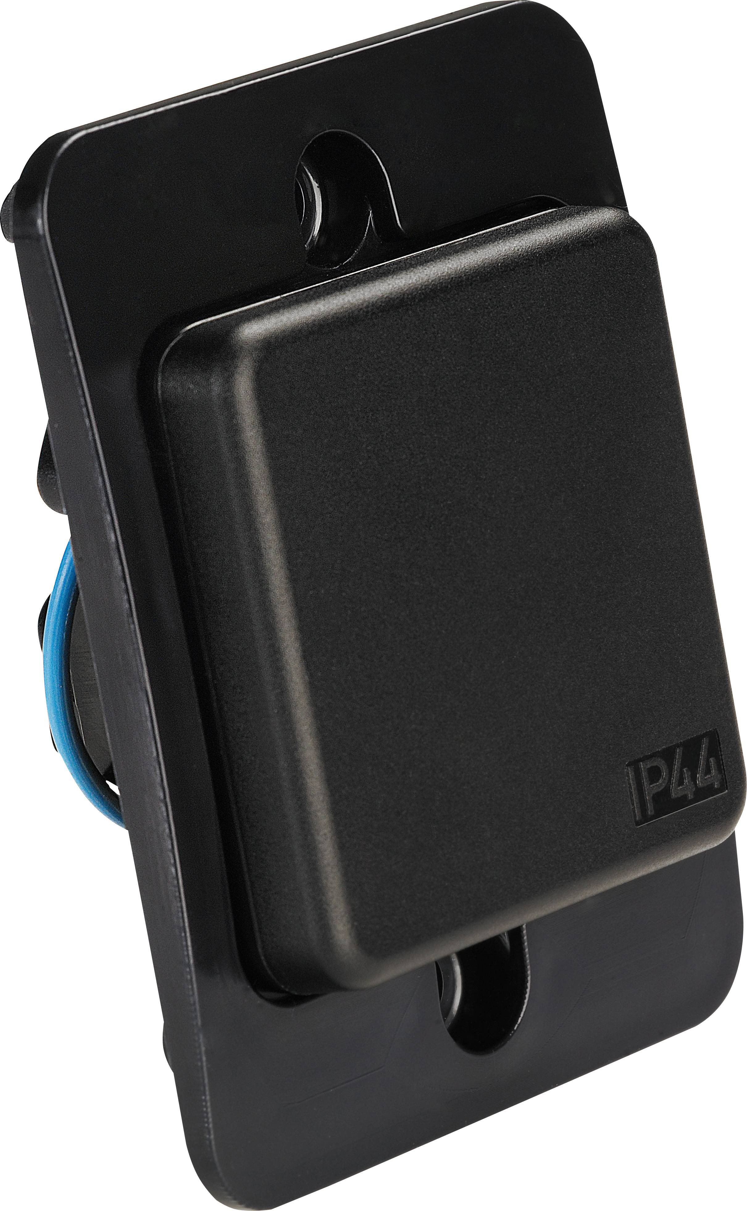 „Rechteckiger schwarzer Schalter mit P44-Kennzeichnung, montiert auf einer schwarzen Platte, zeigt eine Seitenansicht mit sichtbarer Verkabelung auf der Rückseite.