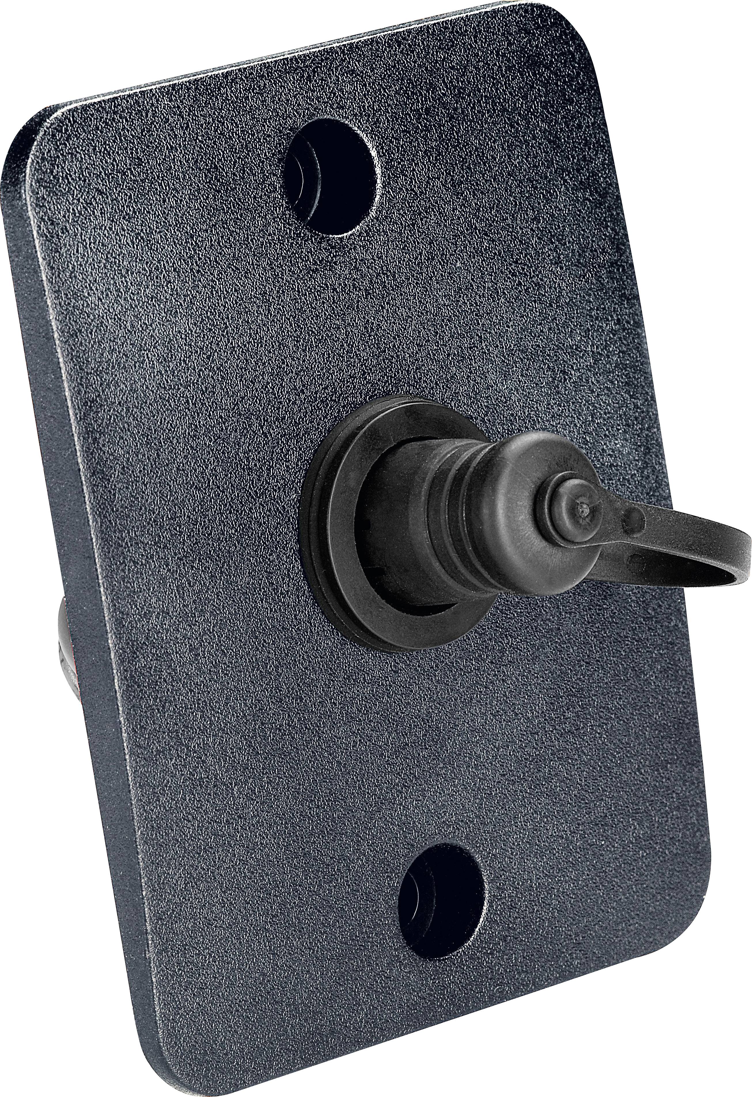 Rechteckige schwarze Metallschalterplatte mit einem zentralen Kippschalter, nach rechts orientiert.