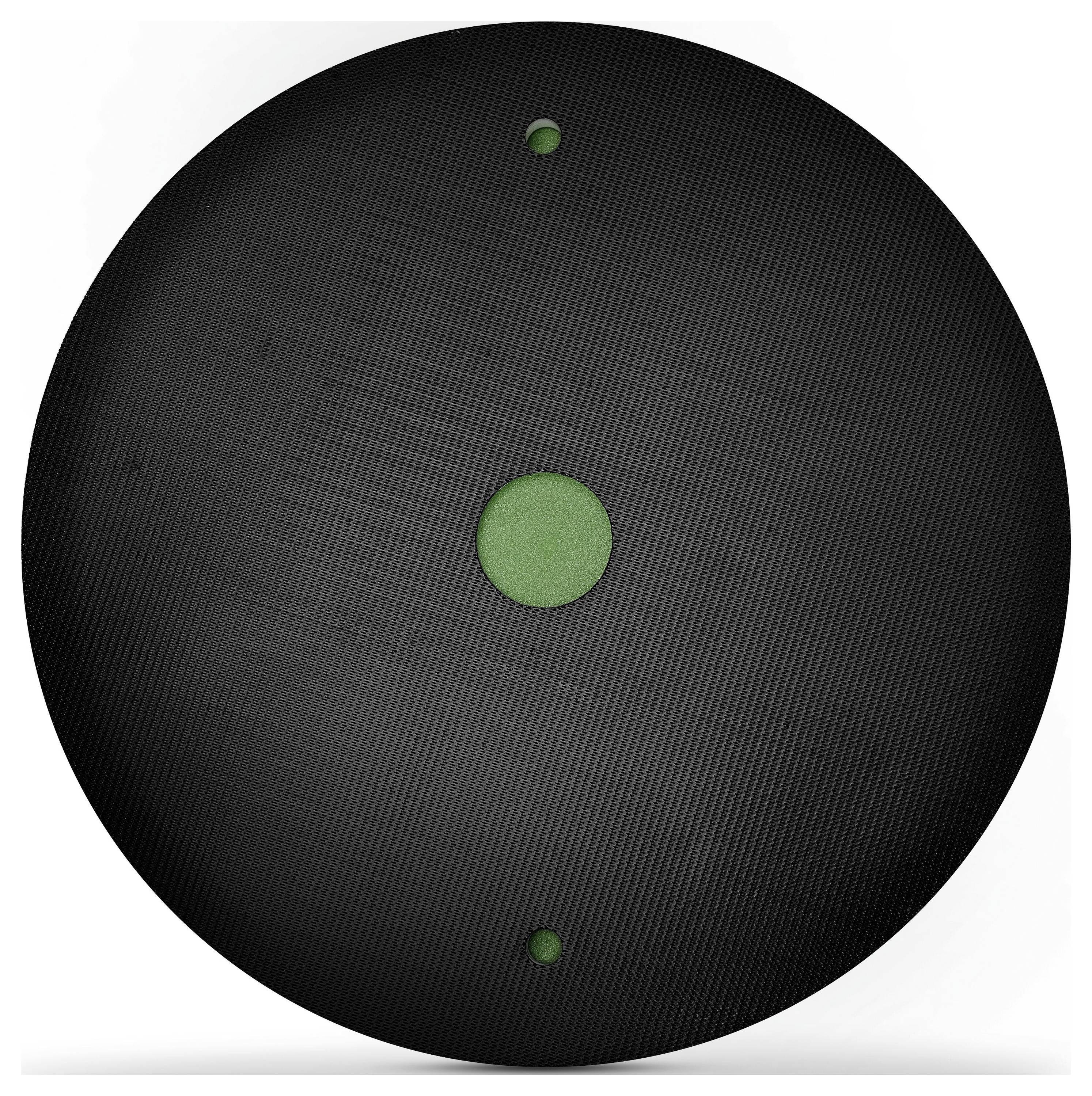 Eine schwarze Scheibe mit einer strukturierten Oberfläche und einer zentralen sowie zwei peripheren grünen Kreismarkierungen.