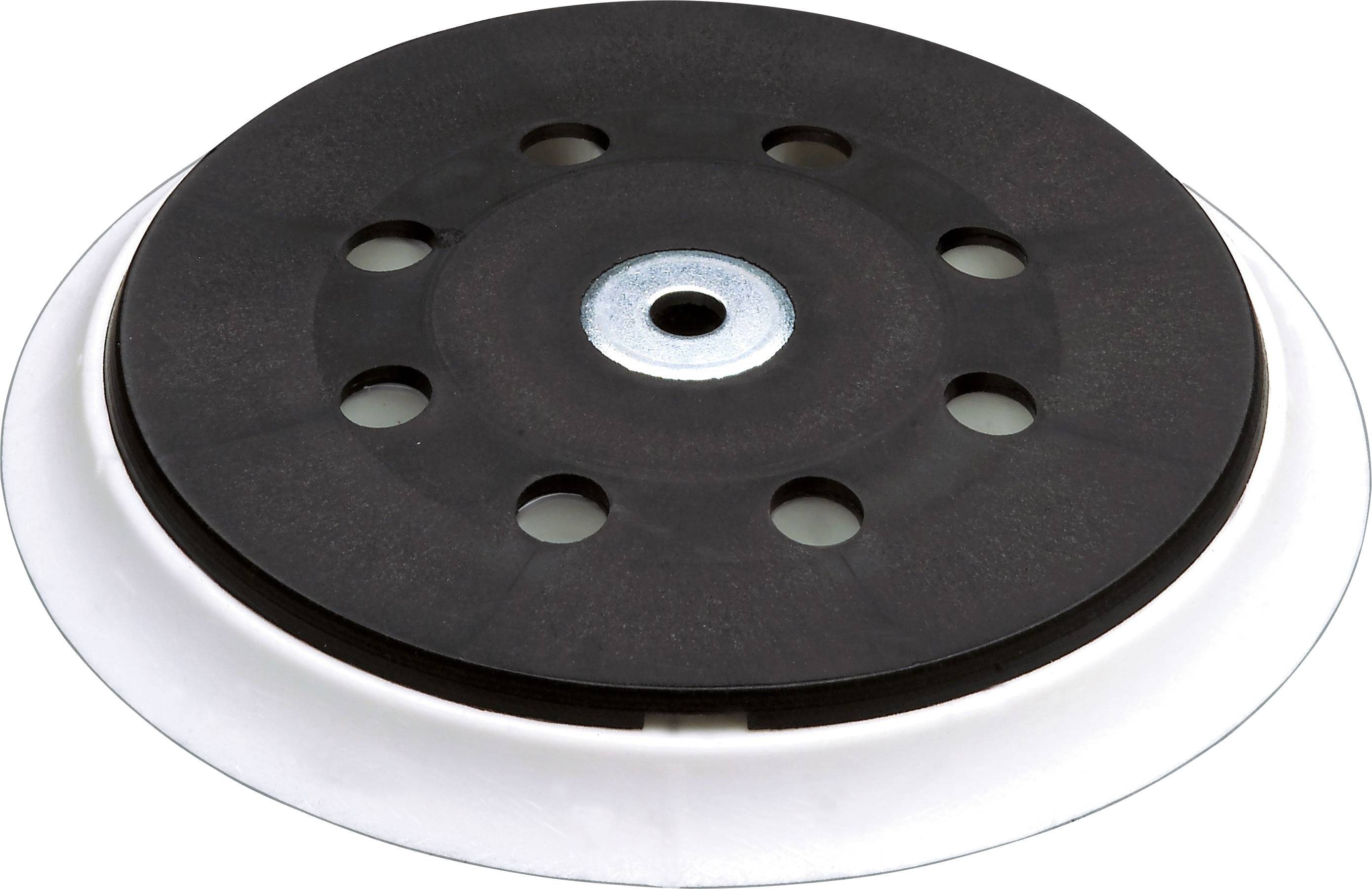 Eine runde, schwarze Schleifscheibe mit mehreren Löchern auf einer weißen Grundplatte, die zur Befestigung an Elektrowerkzeugen zum Schleifen von Oberflächen verwendet wird.