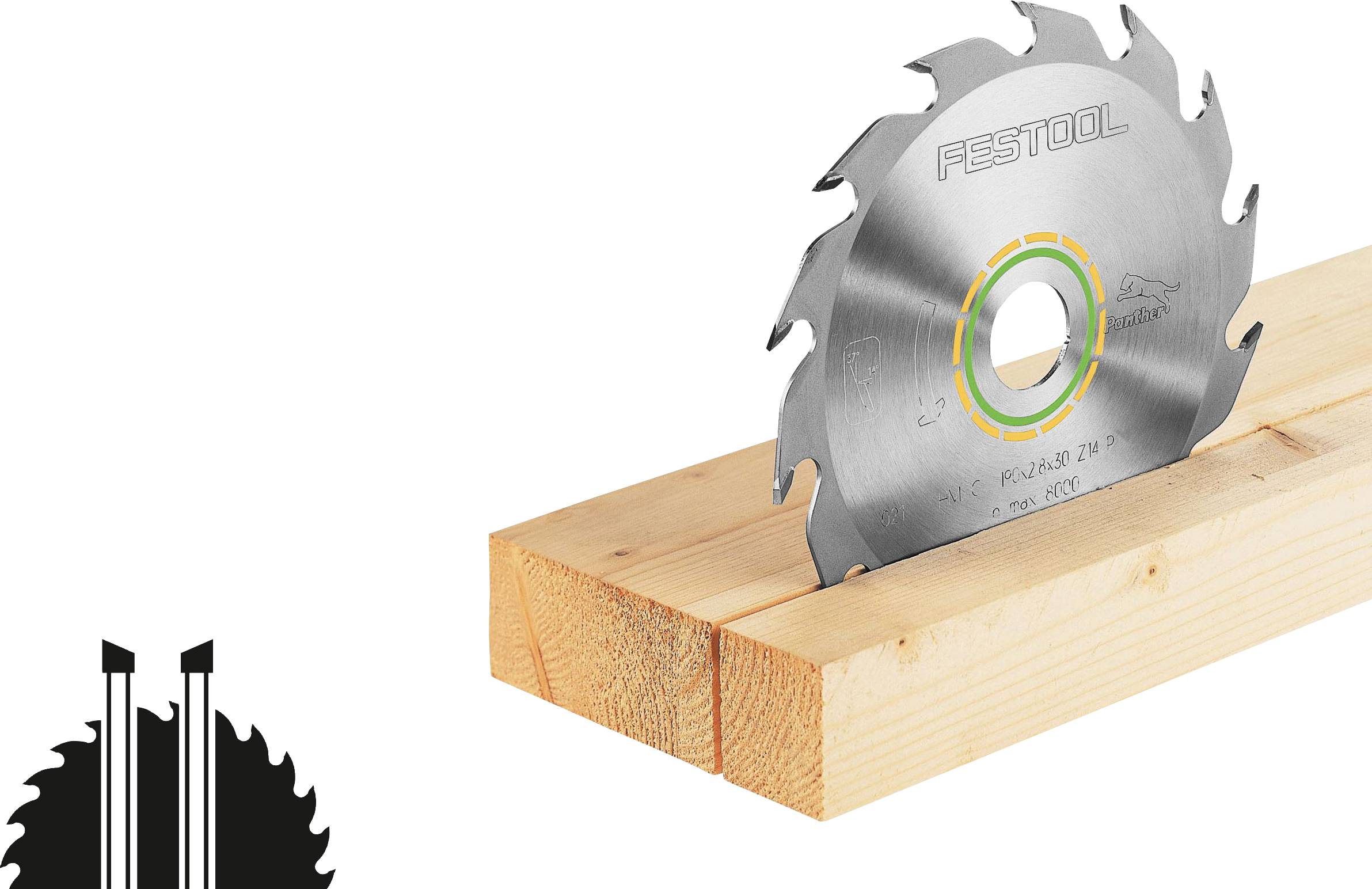 Ein Sägeblatt einer Kreissäge, das teilweise in einem Holzbrett eingebettet ist, wobei die Marke „Festool