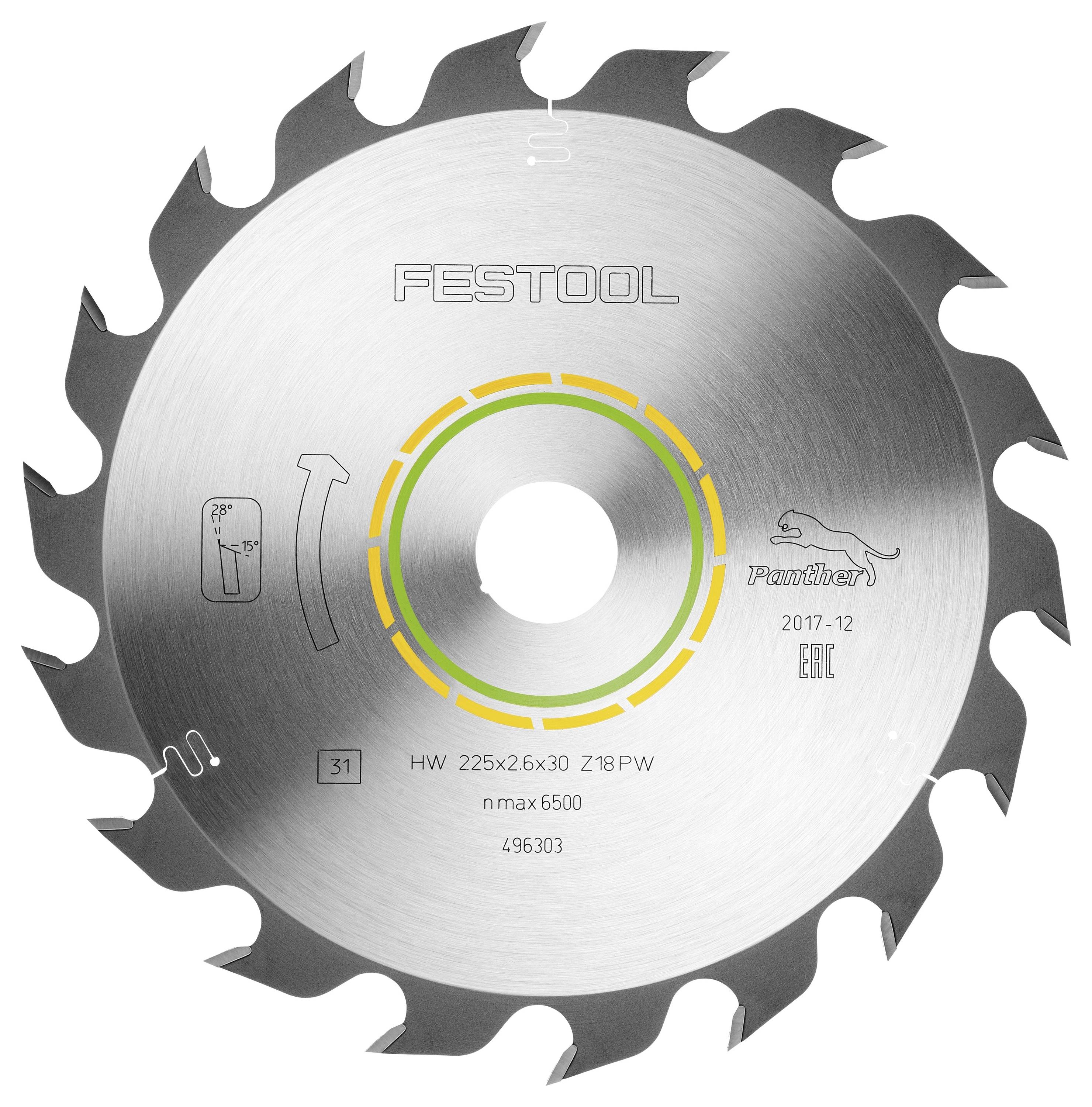 Kreissägeblatt mit der Beschriftung „Festool Panther HW 225x2.6x30 Z18 PW