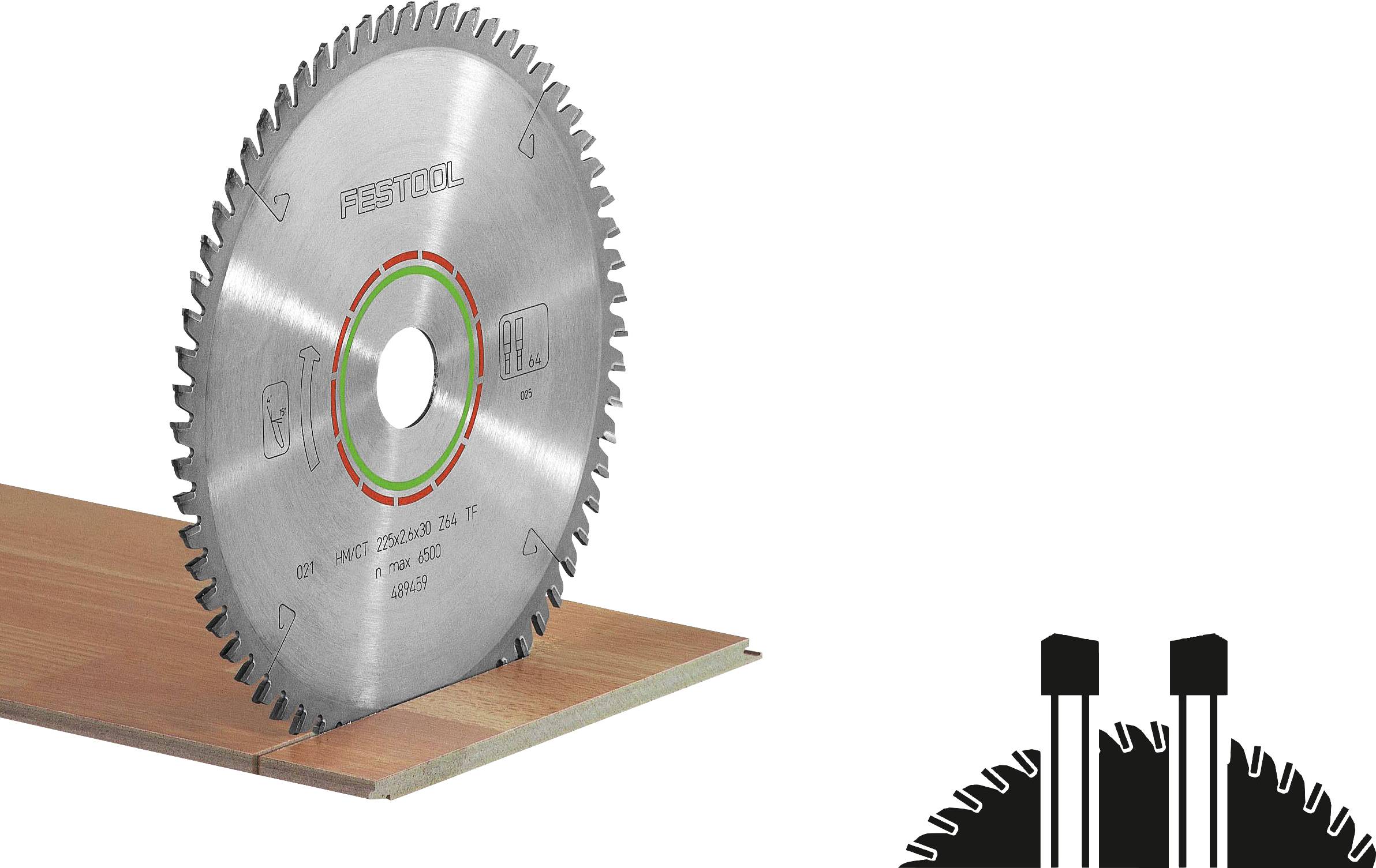 Eine Kreissägeblatt, das teilweise in ein Holzbrett eingebettet ist, mit der Marke „Festool