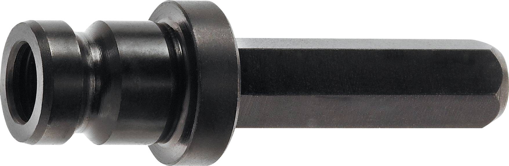 Ein Metallwerkzeugbauteil mit einem zylindrischen und sechseckigen Design, das eine Buchse in der Nähe des Endes aufweist und wahrscheinlich für Maschinenoperationen verwendet wird.