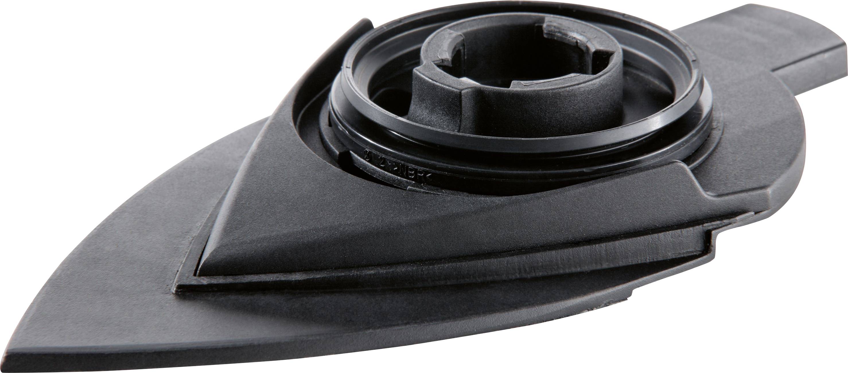 Eine schwarze, dreieckige Klingenaufsatz wahrscheinlich für ein Küchengerät, mit einem kreisförmigen Stecker in der Mitte, stromlinienförmig für präzises Schneiden gestaltet.