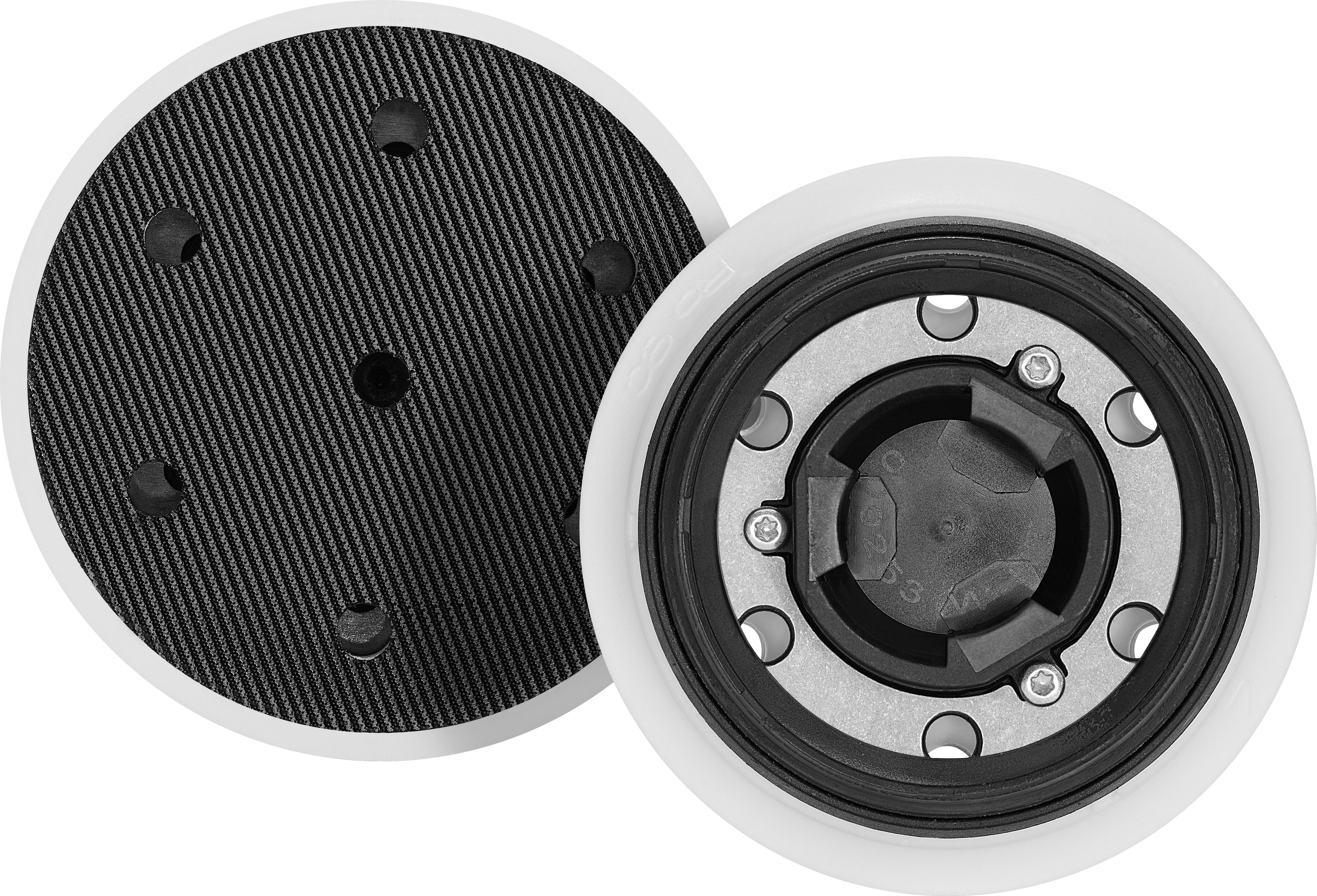 Zwei kohlenstoffgesichtige, runde Scheiben mit zentralen Verriegelungsmechanismen und weißen Außenrändern, von vorne und hinten betrachtet.