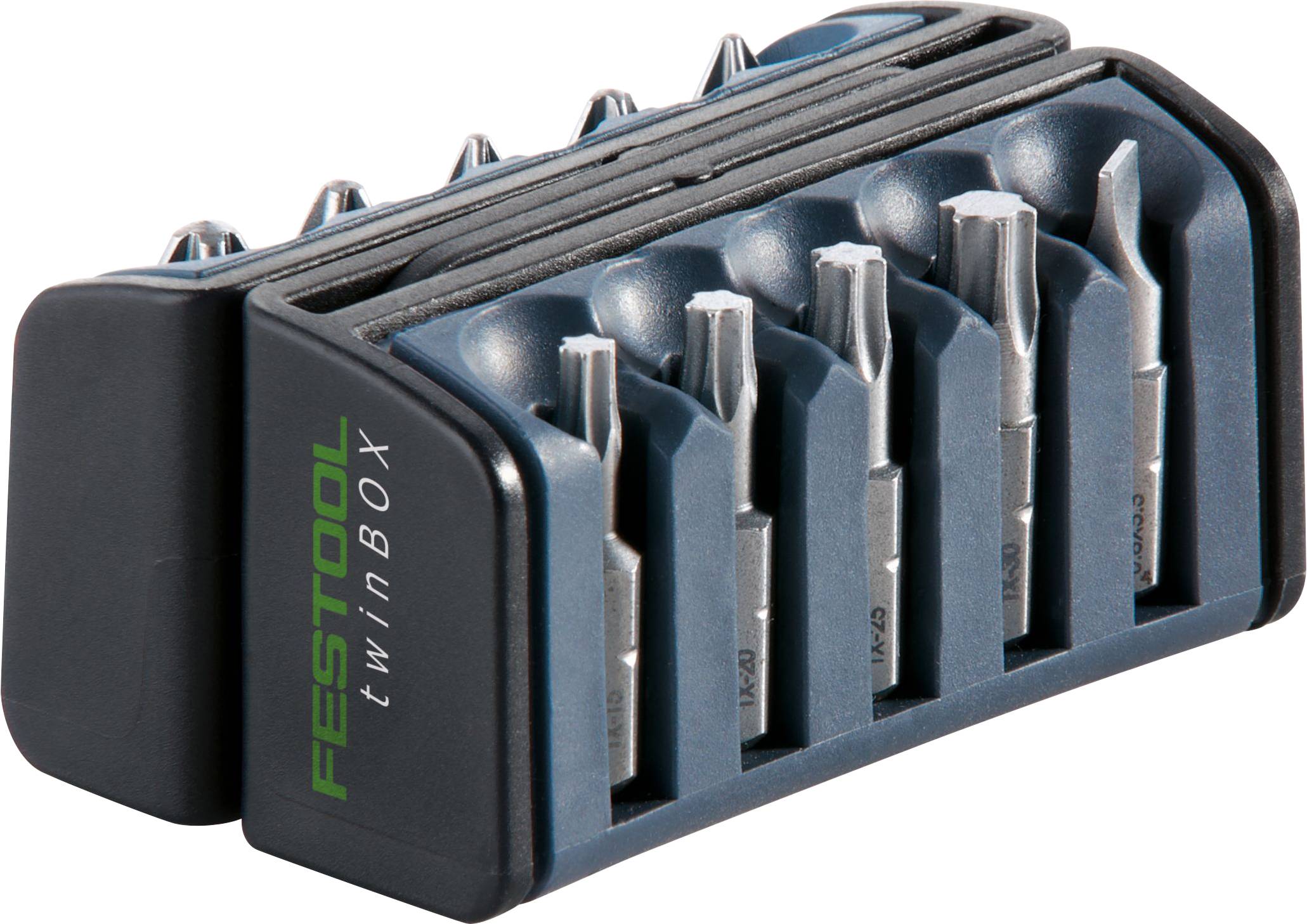 Eine Reihe von Metallschraubendreher-Bits in einem kompakten schwarz-grau Organizer mit der Aufschrift „Festool twinBOX