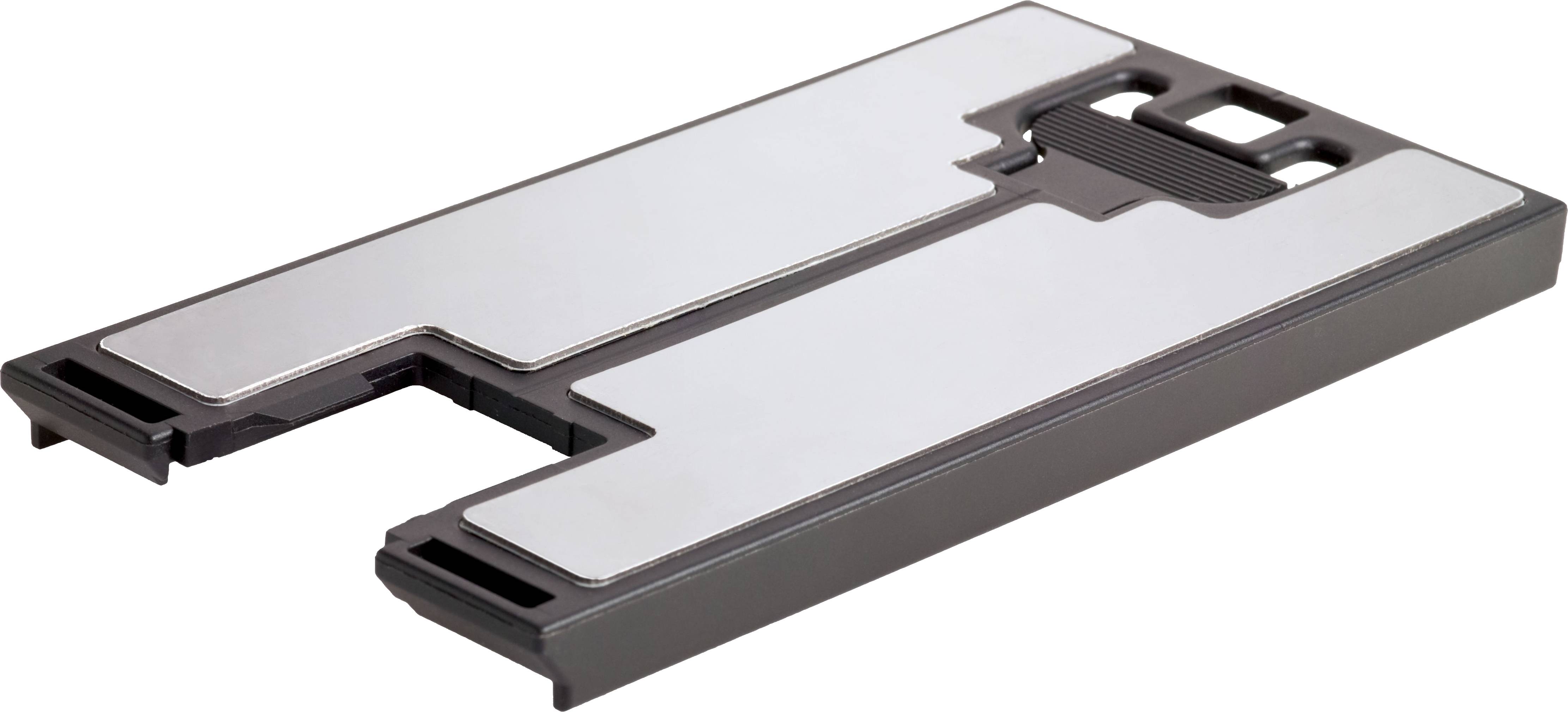 Ein rechteckiges, silbernes und schwarzes kabelloses Ladegerät mit mehreren Segmenten und einem griffigen Bereich, entwickelt für tragbare elektronische Geräte.