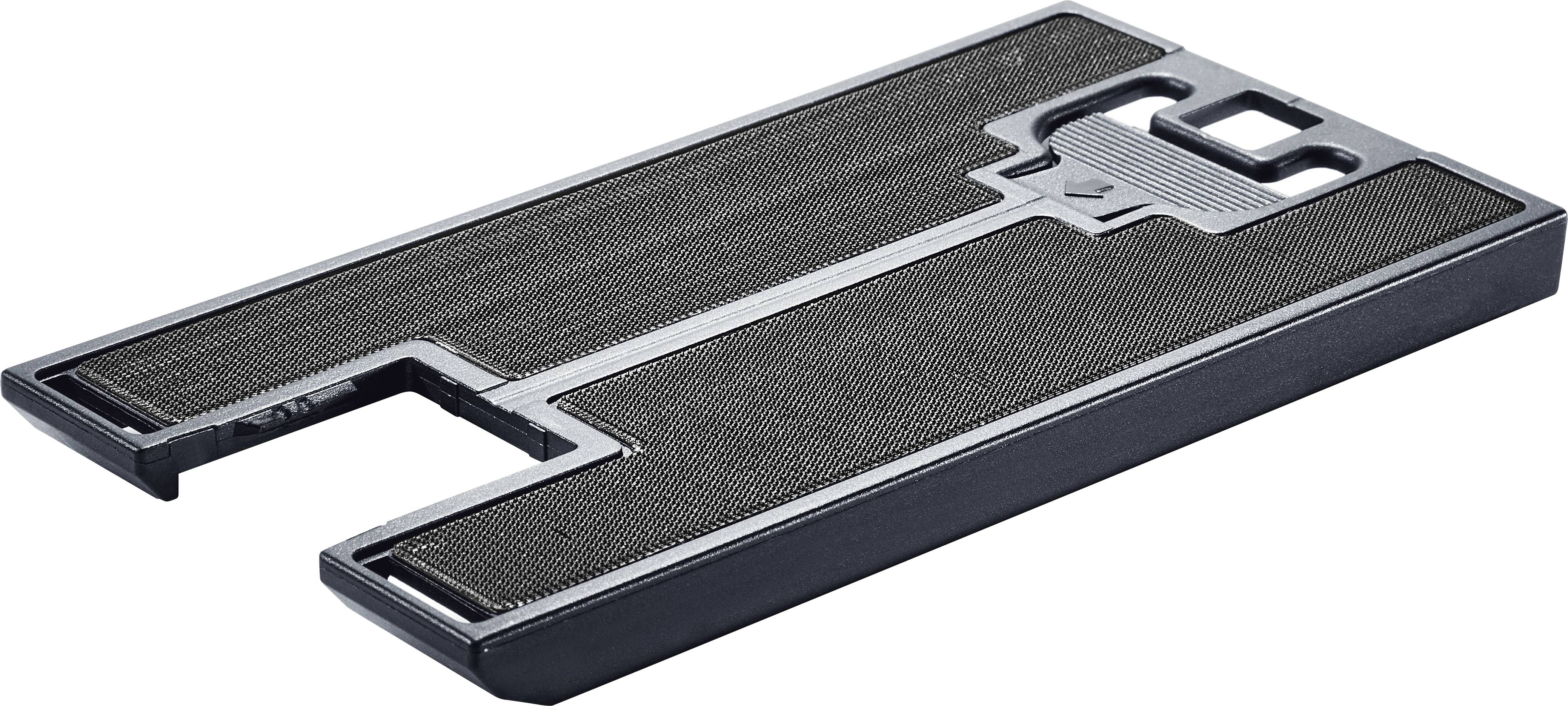 Eine flache, rechteckige, schwarze Filterbehälter mit Rillen und eine Öffnung auf einer Seite, wahrscheinlich verwendet in Luftbelüftungs- oder Reinigungssystemen.