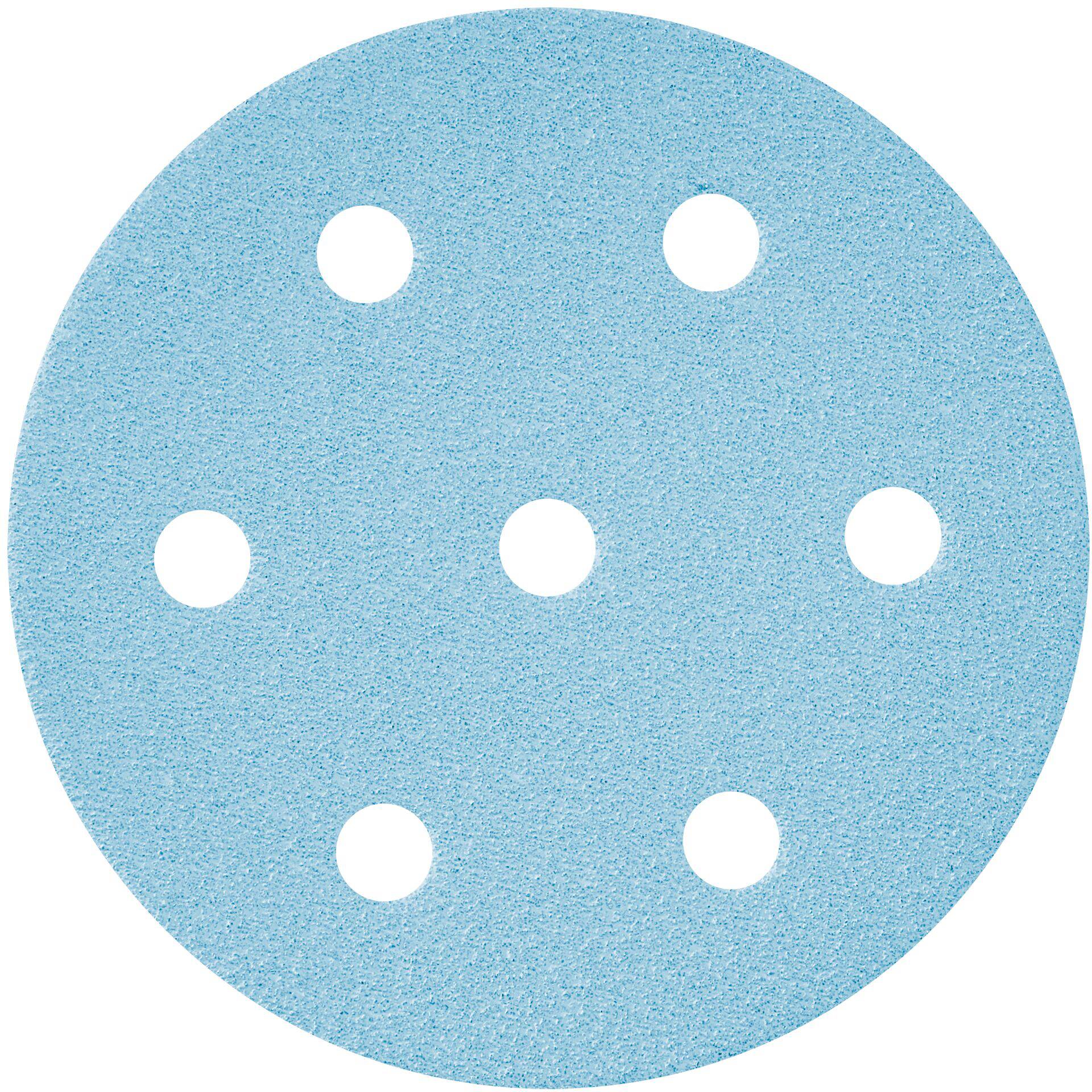 Eine blaue kreisförmige Schleifscheibe mit sieben gleichmäßig verteilten Löchern.