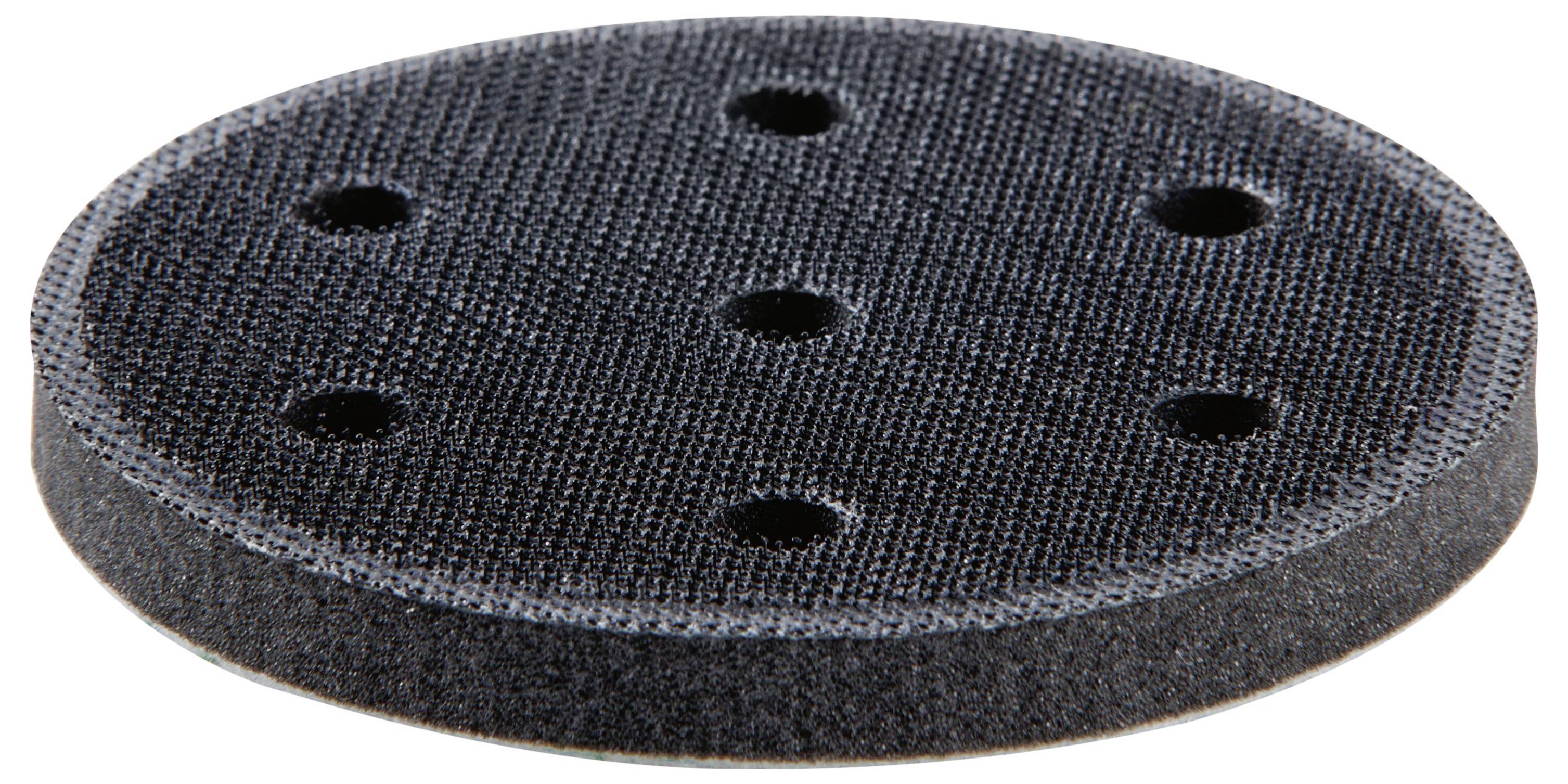 A round, textured black disc with six evenly spaced holes, possibly a sanding pad or related tool component.