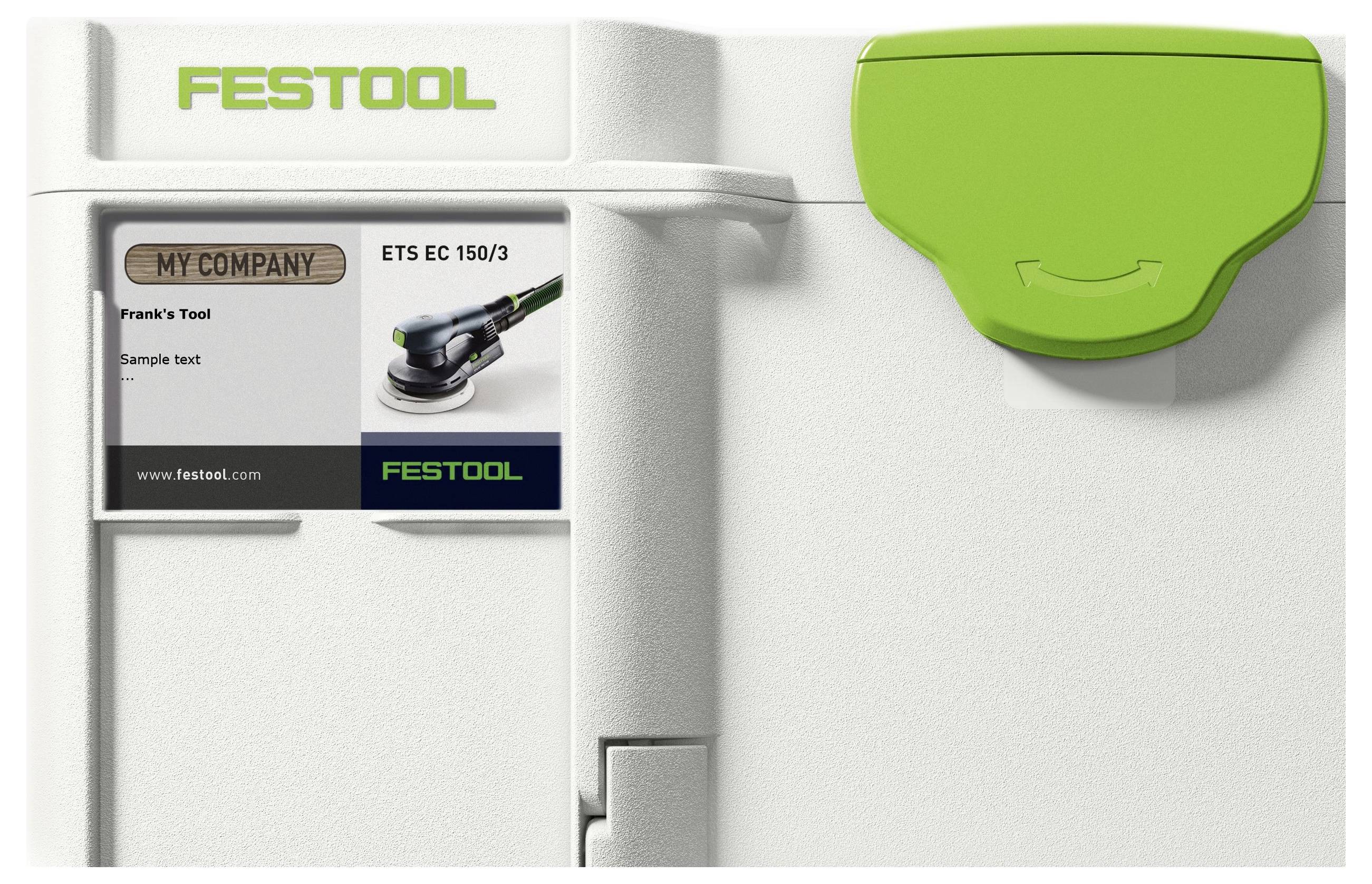 Ein weiß-grüner Festool-Koffer mit einem Etikett, auf dem „Frank's Tool, ETS EC 150/3