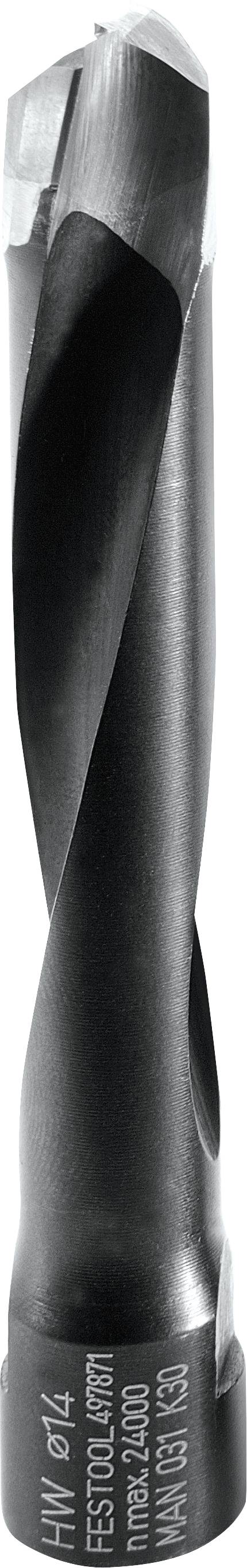 Ein Nahaufnahmebild eines schwarzen Metallbohrers mit eingravierten Spezifikationen an seiner Basis, das zum Bohren von Löchern in harten Materialien verwendet wird.