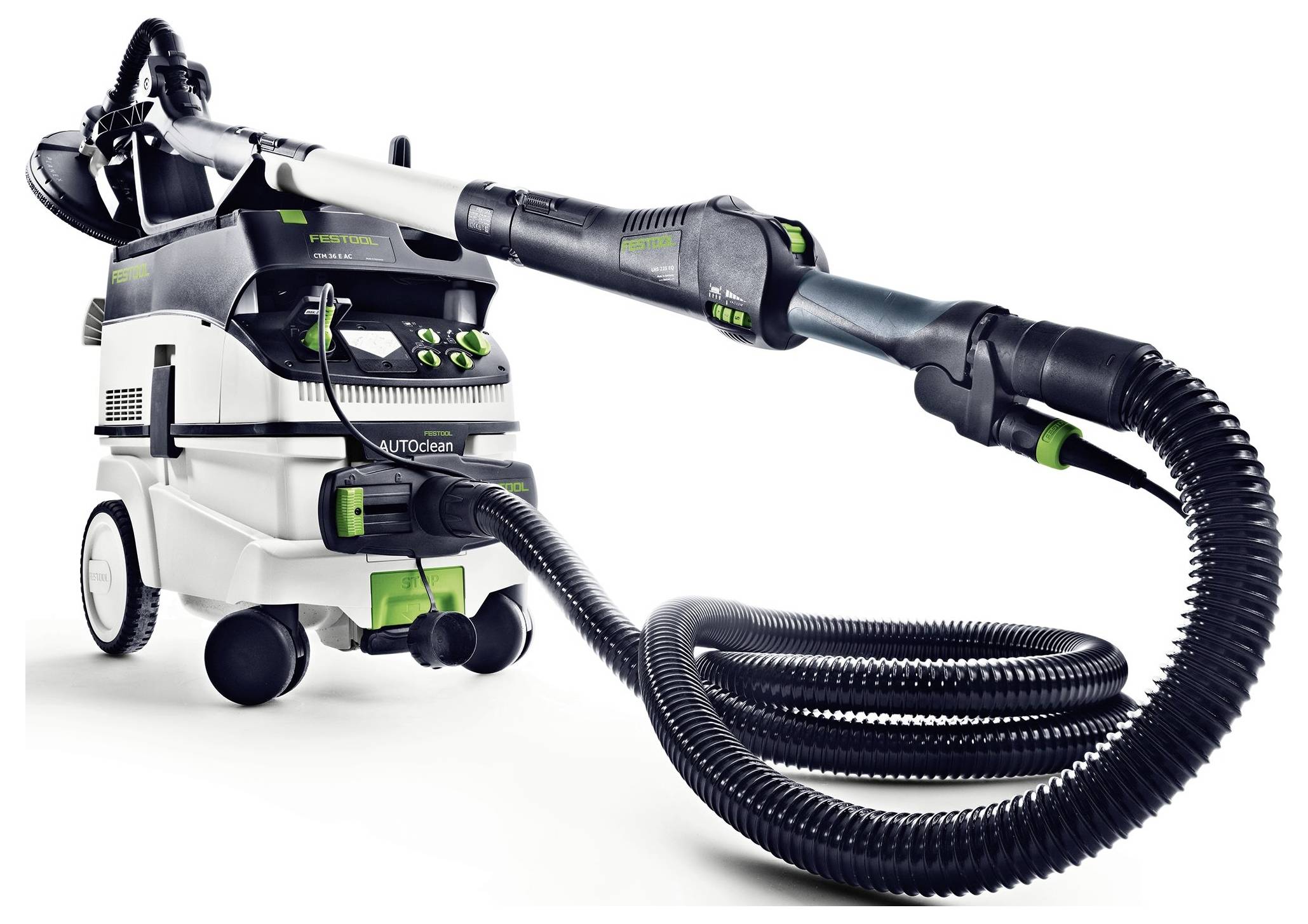 Ein leistungsstarker industrieller Staubsauger mit flexiblem Schlauch und mehreren Aufsätzen, entwickelt für schwere Reinigungsaufgaben.