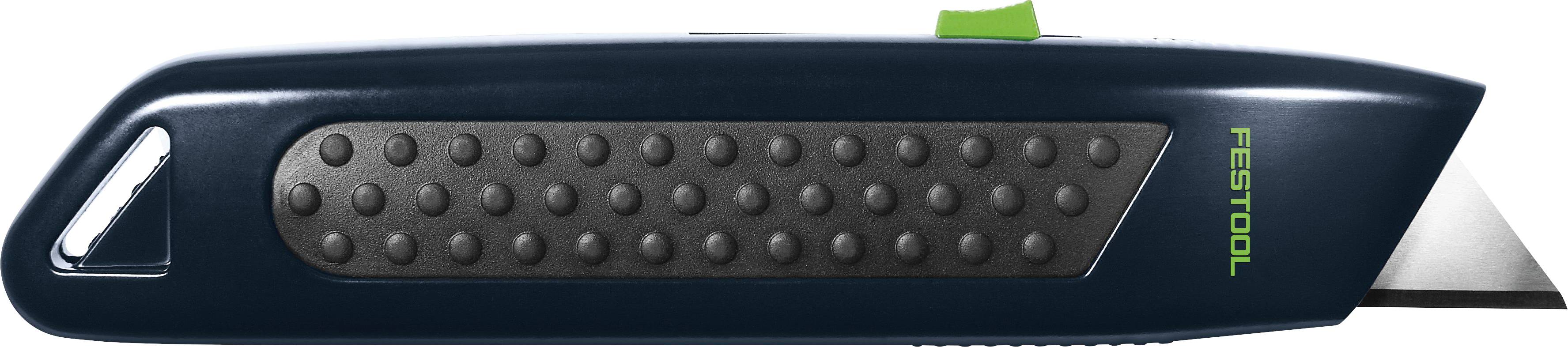 Ein schwarz-grau gehaltenes Universalmesser mit strukturierter Griffoberfläche und sichtbarer Klinge. Das Wort 