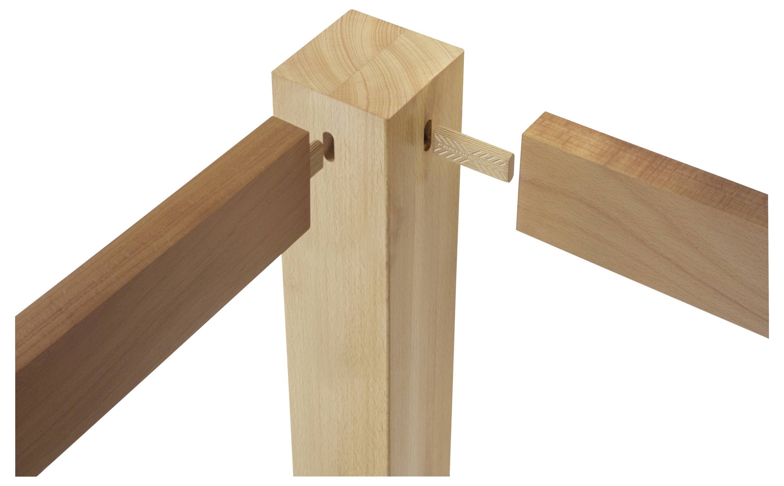 Holzdübelverbindung mit drei ineinandergreifenden Teilen; ein senkrechter Pfosten und zwei horizontale Balken, die mit einer Dübelstange verbunden sind.