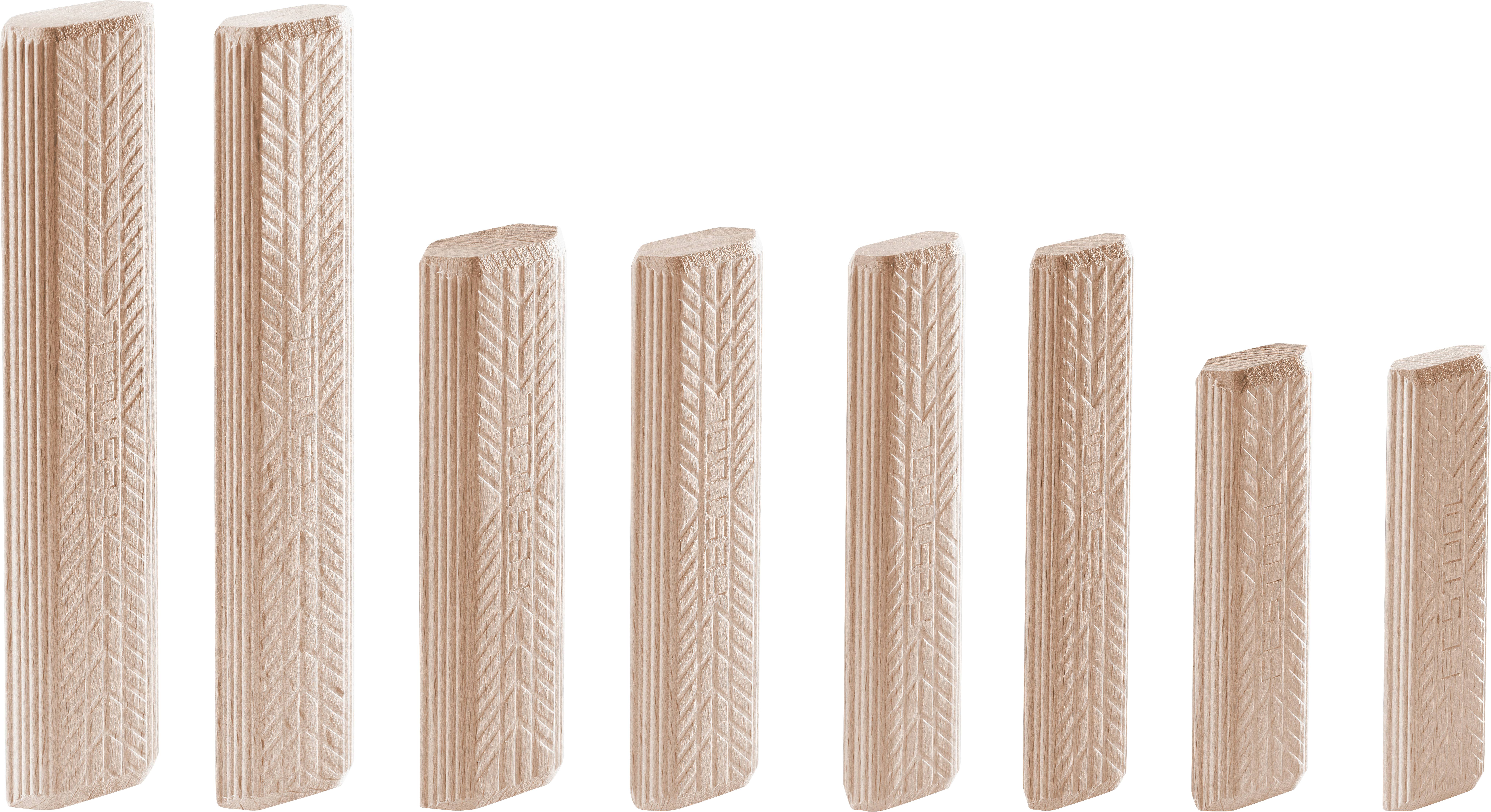 Holzstöcke unterschiedlicher Längen sind in einer Reihe vom längsten zum kürzesten auf weißem Hintergrund angeordnet. Jeder Stab hat ein dekoratives, blattähnliches Muster.