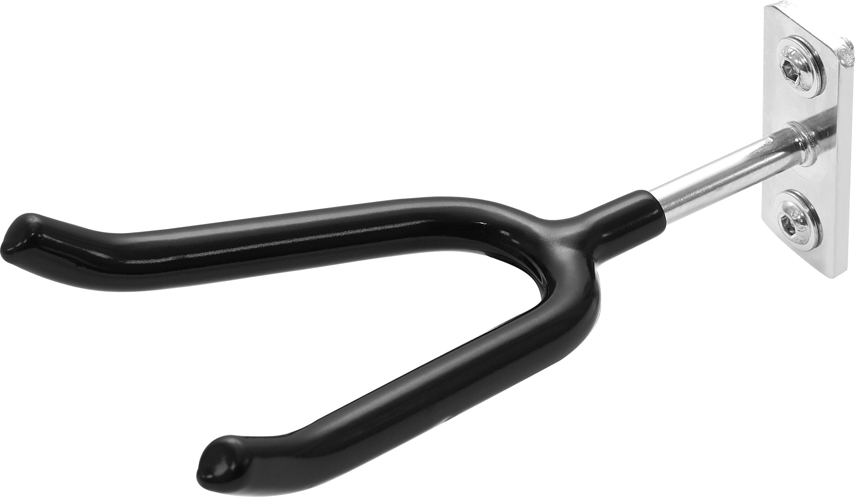 Eine schwarze Metall-Gitarrenwandhalterung mit einer U-förmigen Wiege und Montageklammer.