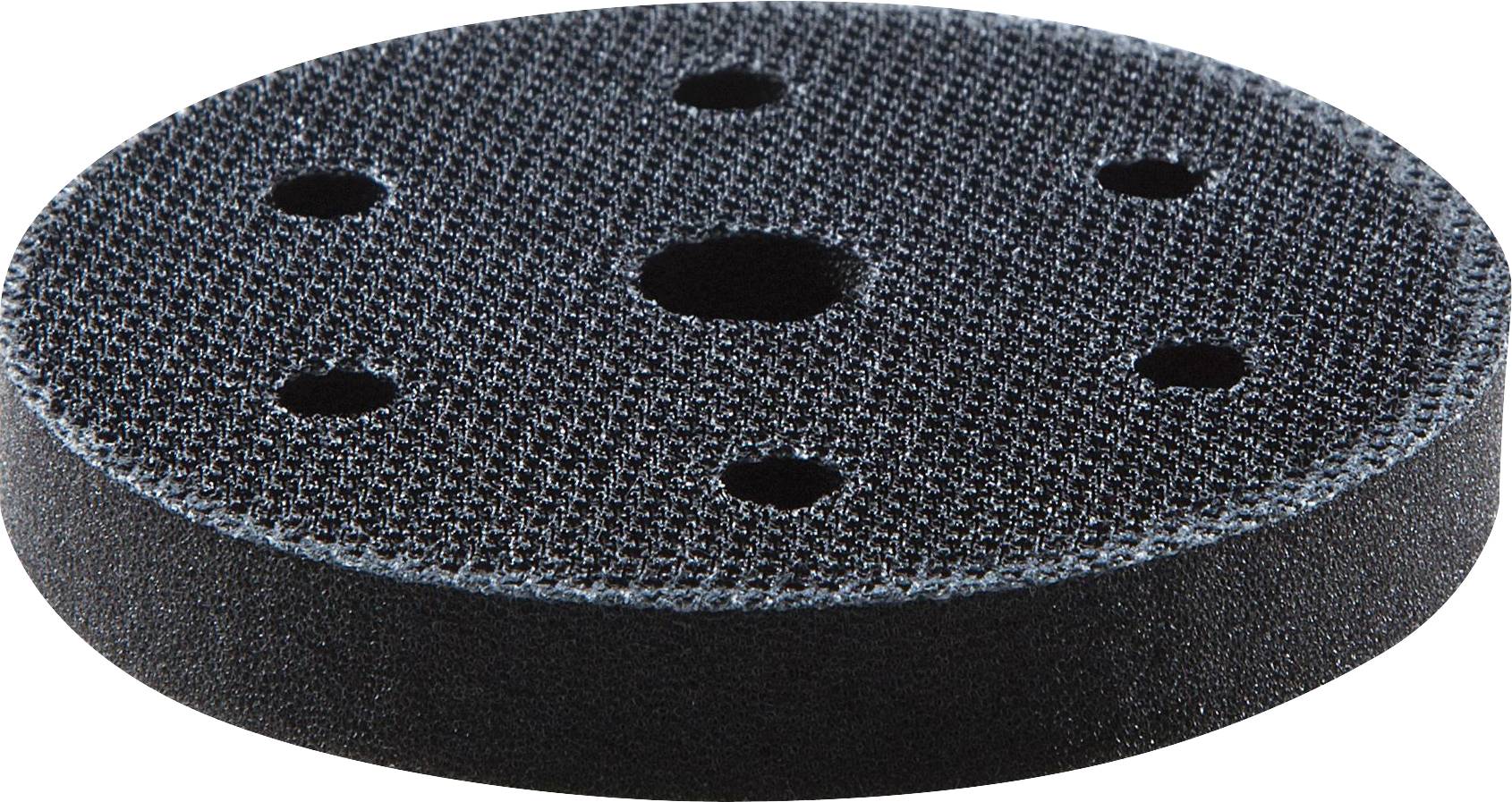 Ein schwarzes, kreisförmiges Schleifpad mit mehreren Löchern, das auf einen Elektroschleiffer passt, um Oberflächen zu glätten.