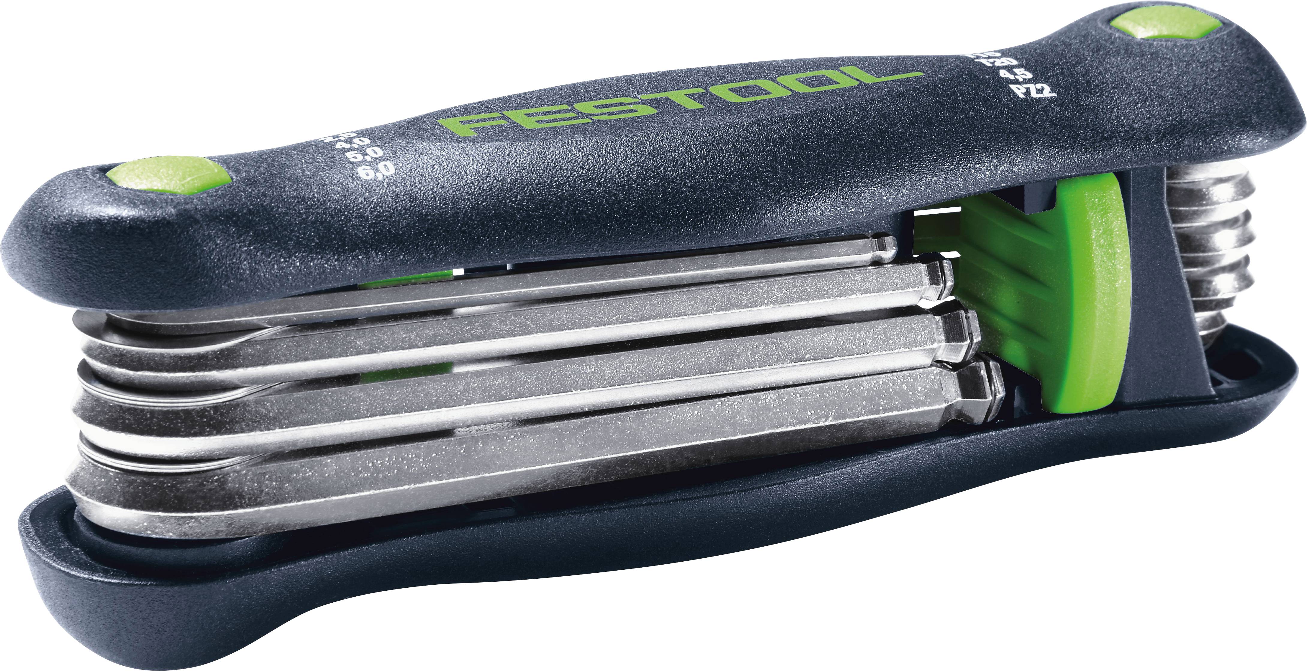 Ein kompaktes Multitool mit mehreren Metallsechskantschlüsseln, die in ein dunkles Gehäuse eingeklappt sind. Der Markenname 