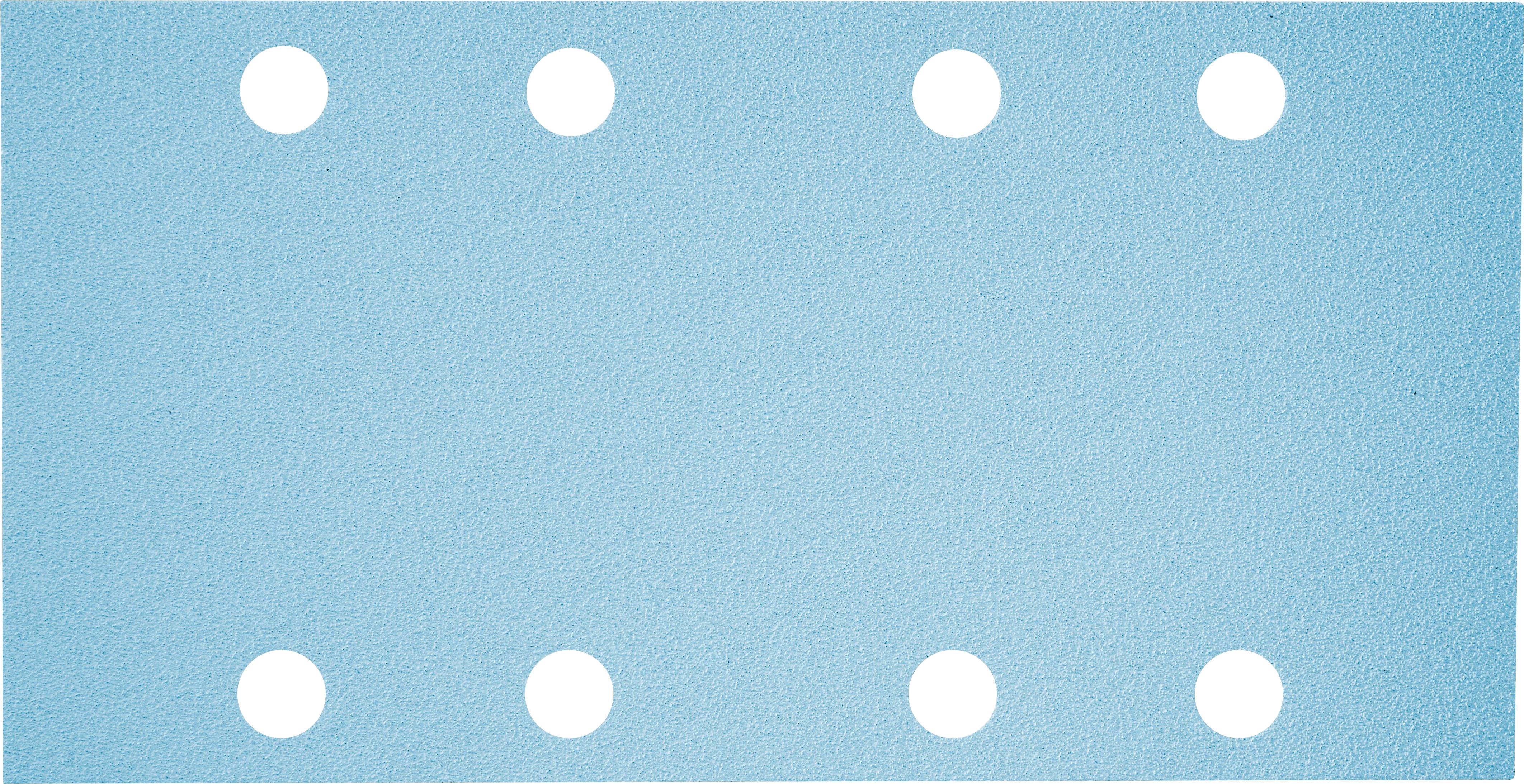 Ein rechteckiges blaues Blatt mit acht gleichmäßig verteilten weißen Kreisen, vier oben und vier unten.