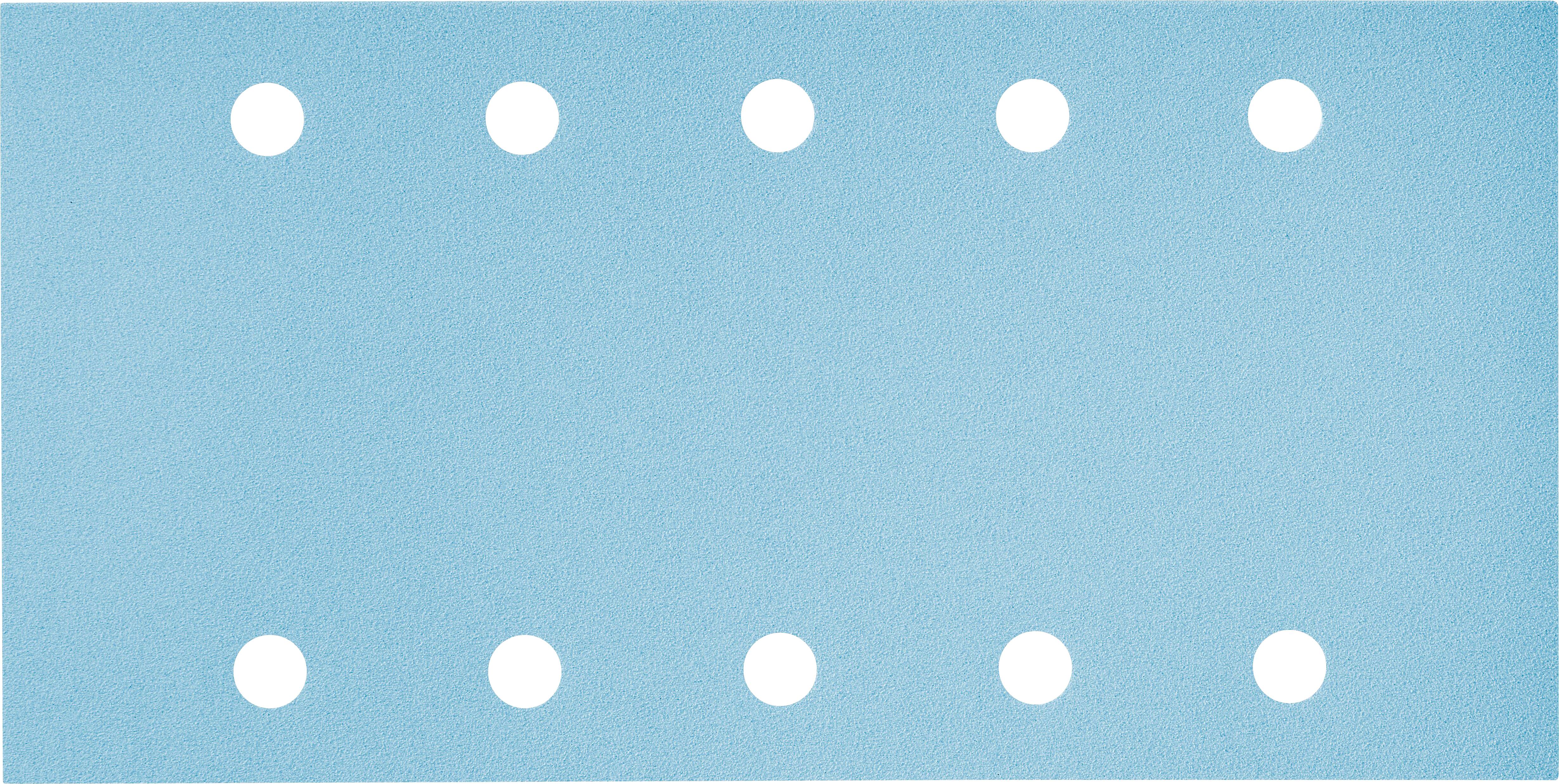 Eine blaue rechteckige Karte oder ein blaues rechteckiges Blatt mit zehn gleichmäßig verteilten weißen Punkten in zwei horizontalen Reihen mit je fünf Punkten.