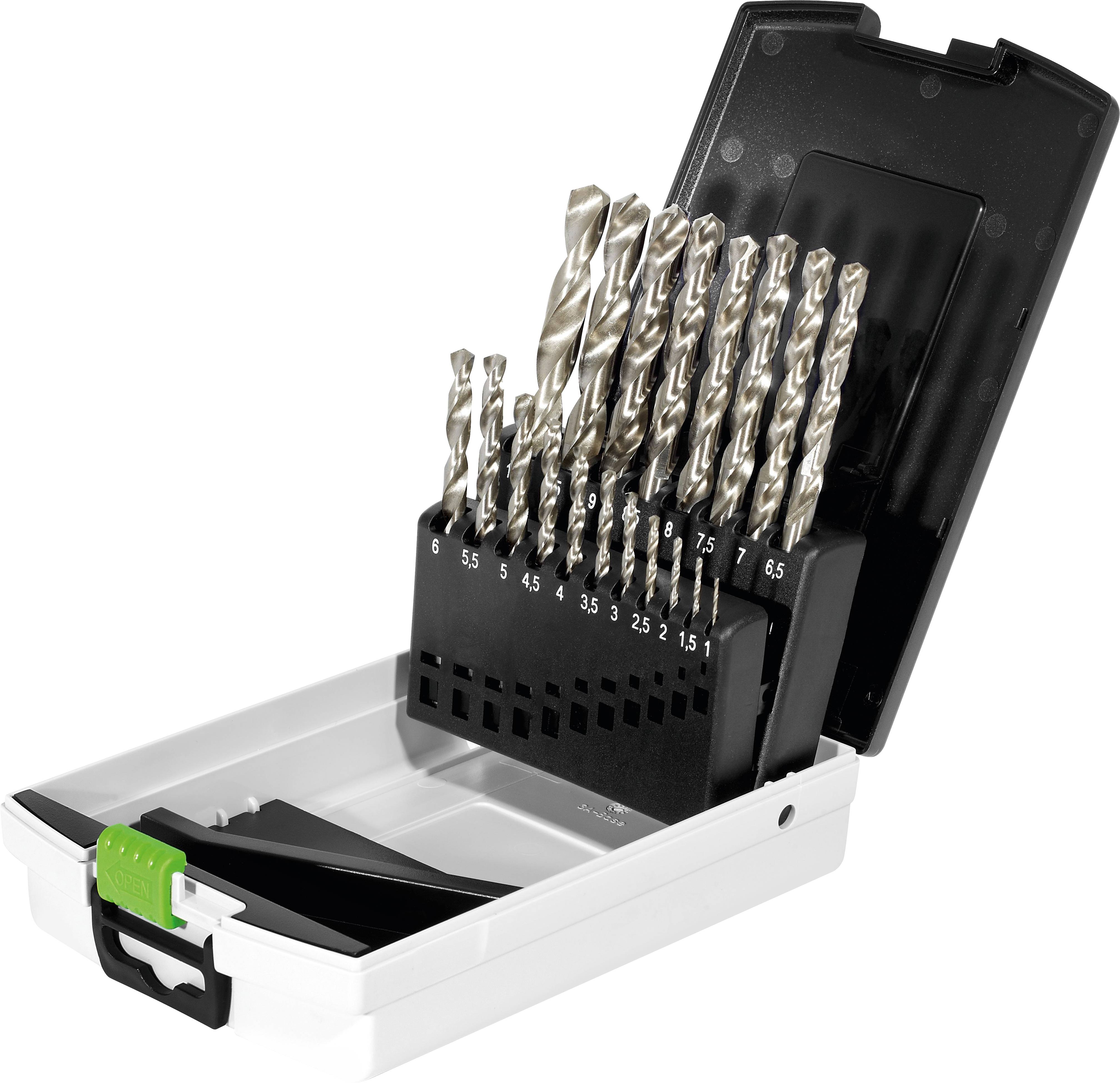 A set of metal drill bits in various sizes is organized in a black and white plastic case. The lid is open, and the bits are displayed upright.