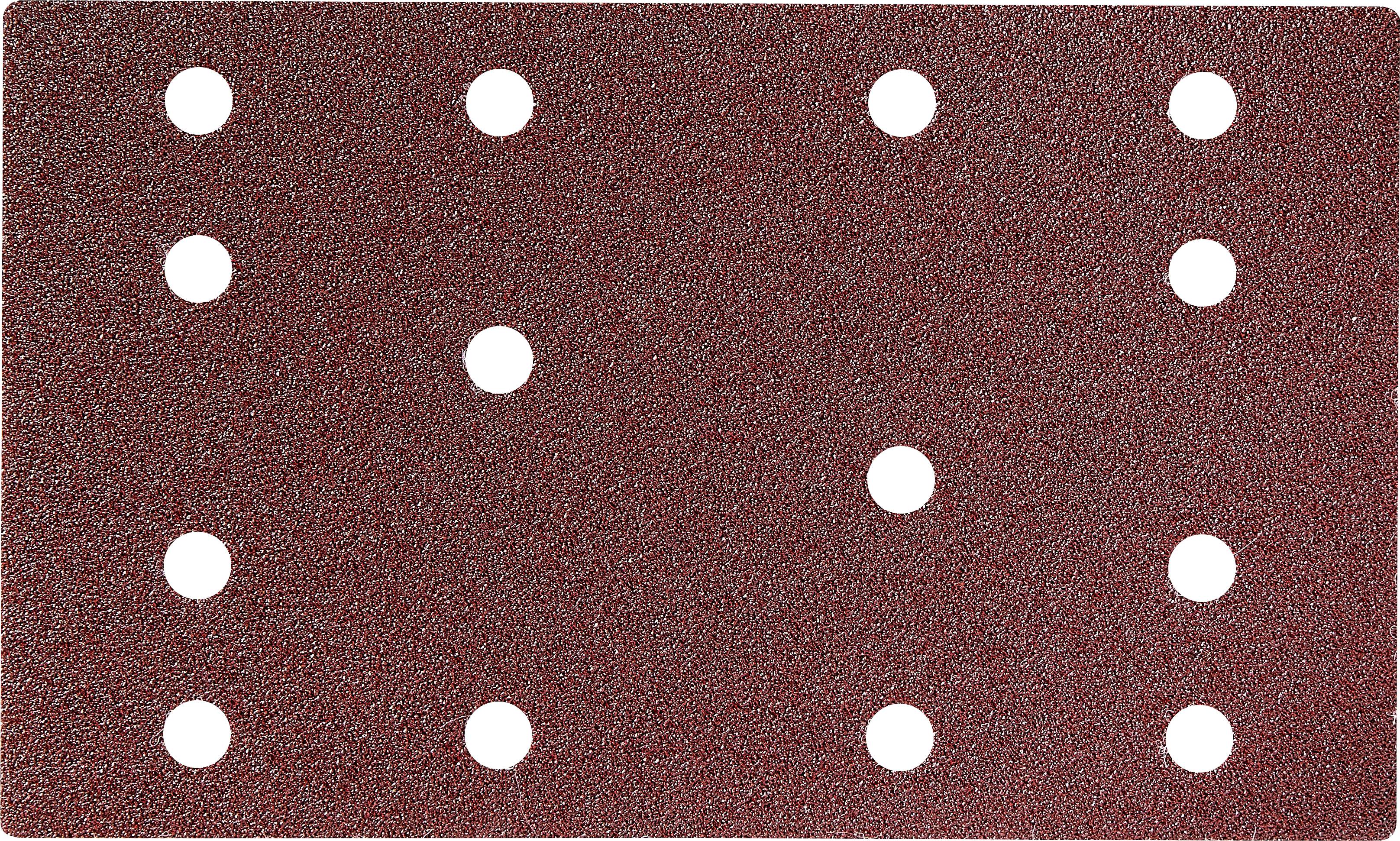 Ein rechteckiges Schleifpapiertuch mit einer rötlich-braunen Körneroberfläche und gleichmäßig angeordneten runden Löchern in einem Rastermuster, das zum Schleifen von Oberflächen verwendet wird.