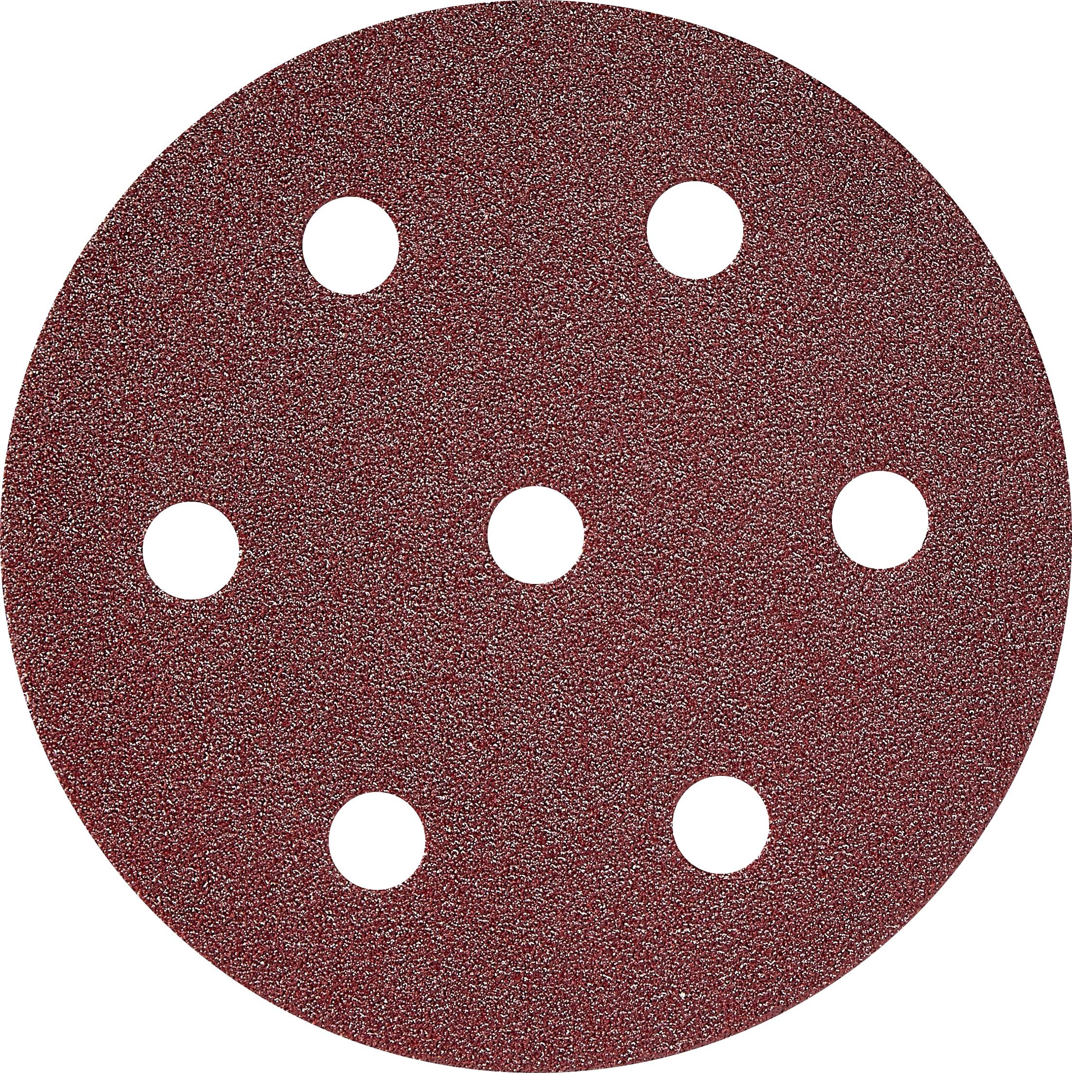 Eine runde Schleifpapierscheibe mit sechs Löchern, die für Schleifwerkzeuge verwendet wird. Die Oberfläche ist rötlich-braun und grob zum Glätten von Materialien.