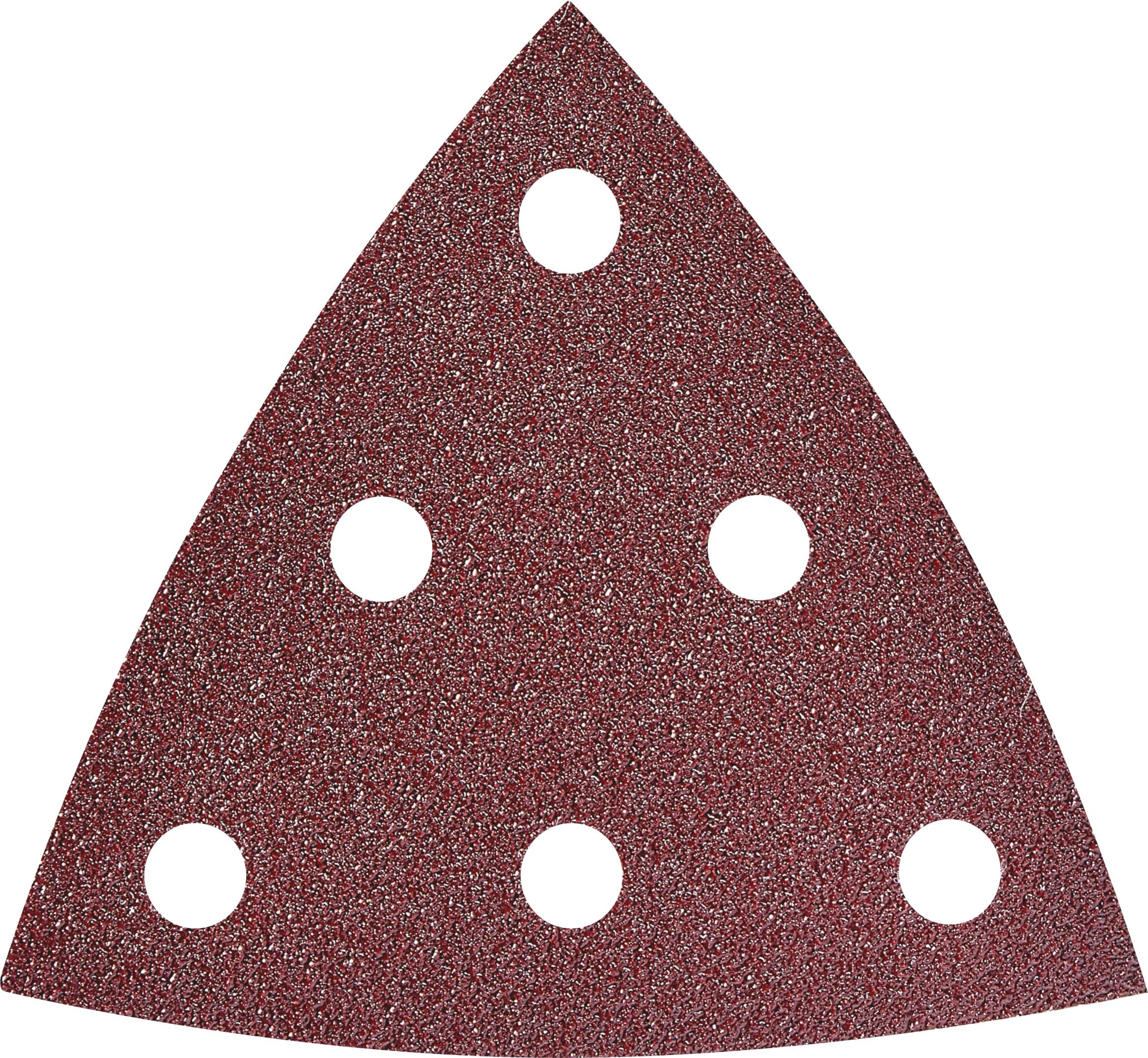 Ein rotes dreieckiges Schleifpad mit sieben gleichmäßig verteilten kreisförmigen Löchern, das zum Schleifen von Oberflächen mit einem kompatiblen Elektrowerkzeug verwendet wird.