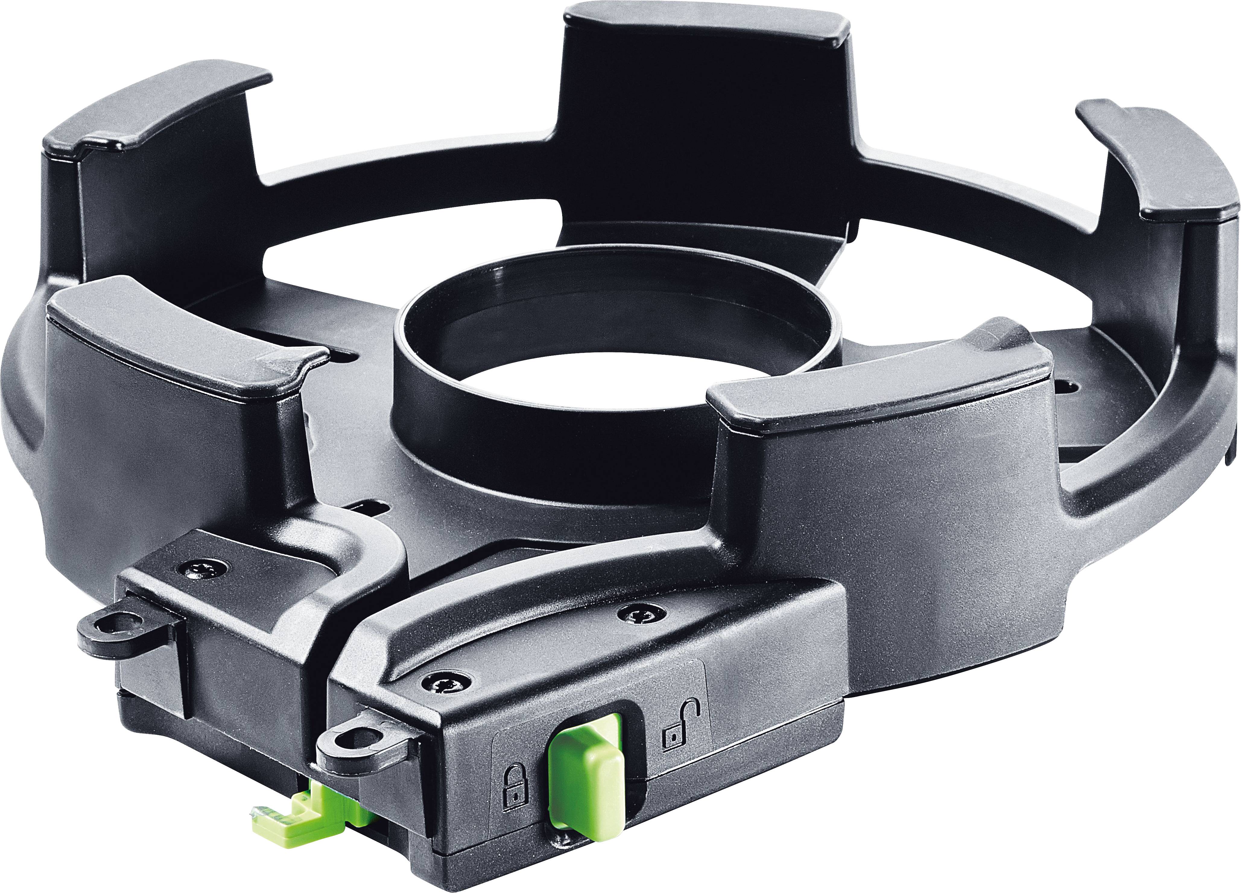 Eine schwarze Kunststoffmontageklammer mit vier Stützarmen und einer zentralen kreisförmigen Öffnung, ausgestattet mit einem kleinen grünen Verriegelungsmechanismus.