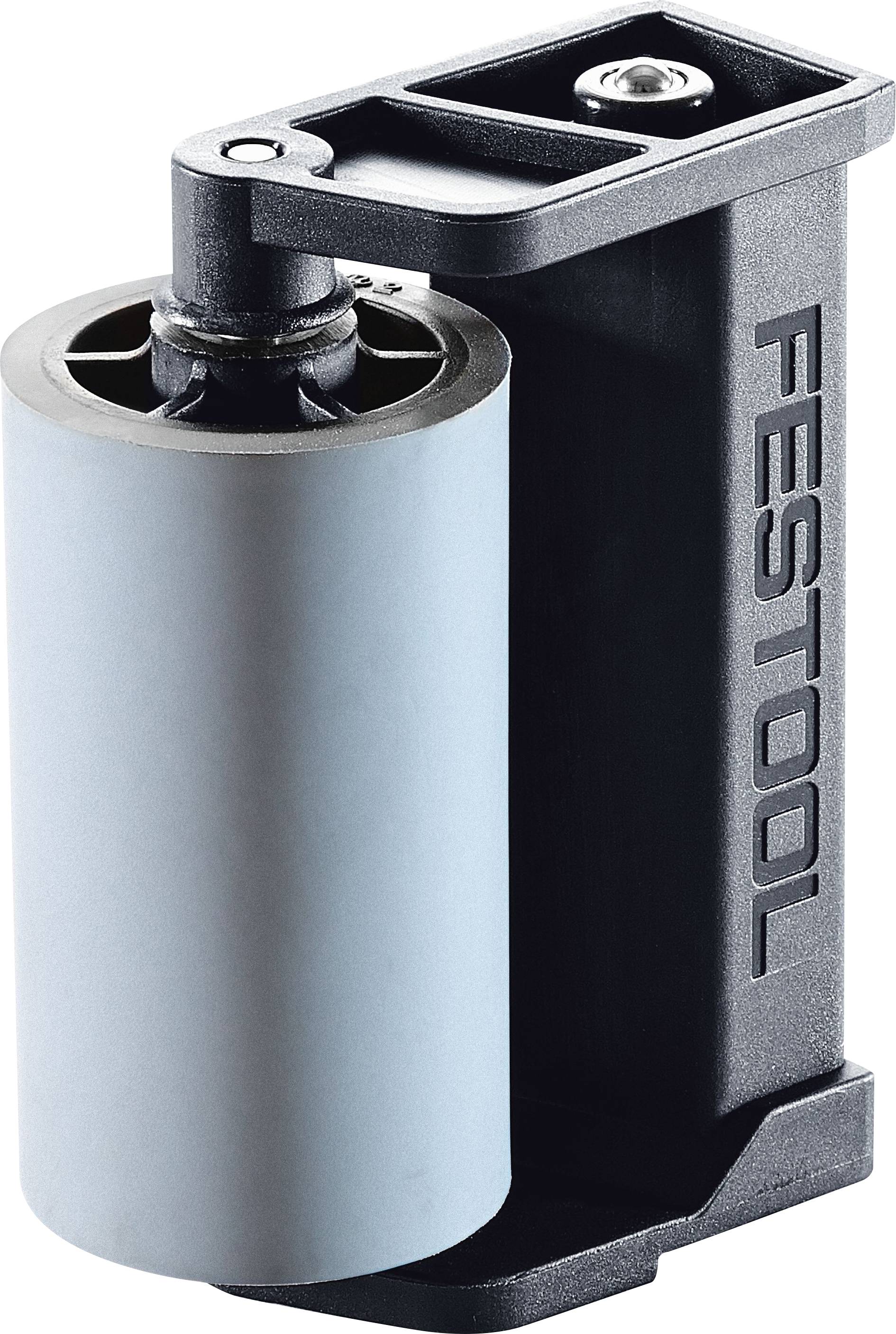 Festool Kantenbander-Führungsrolle, schwarz und silber, verwendet für die Holzbearbeitung, um präzise Kantenbänder auf ebenen Flächen anzubringen.