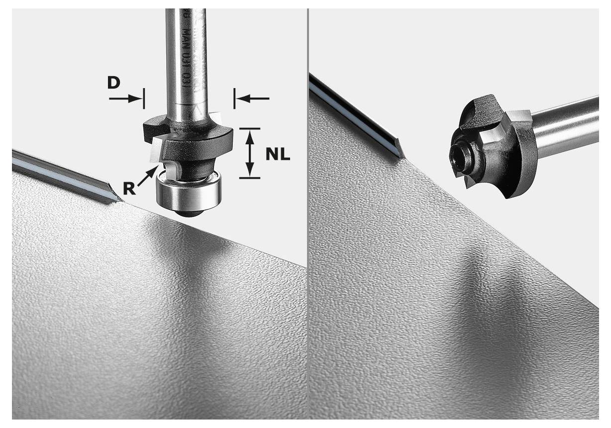 Nahaufnahme eines Schneidewerkzeugs mit Messwerten und Details auf einer strukturierten Metalloberfläche.