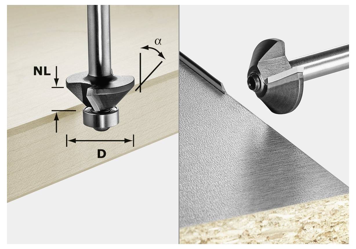 Ein zweiteiliges Bild, das einen Senkerbohrer zeigt. Links: Abmessungen auf Holz beschriftet. Rechts: Bohrer bohrt in eine auf Holz befestigte Metalloberfläche.