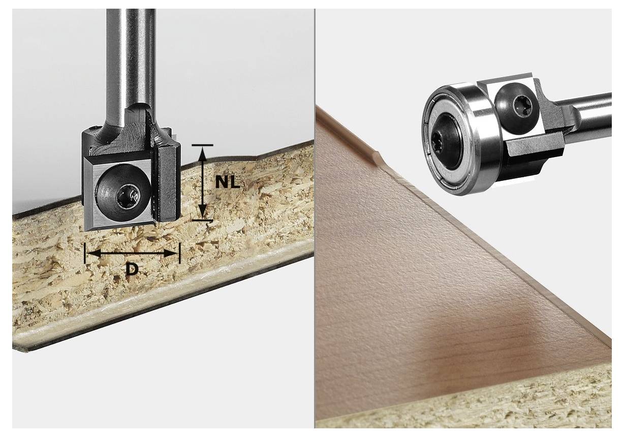 Ein Fräser im Querschnitt neben einer Holzplatte dargestellt, um die Schnitttiefe und Anwendung zum Kantenfräsen zu veranschaulichen.