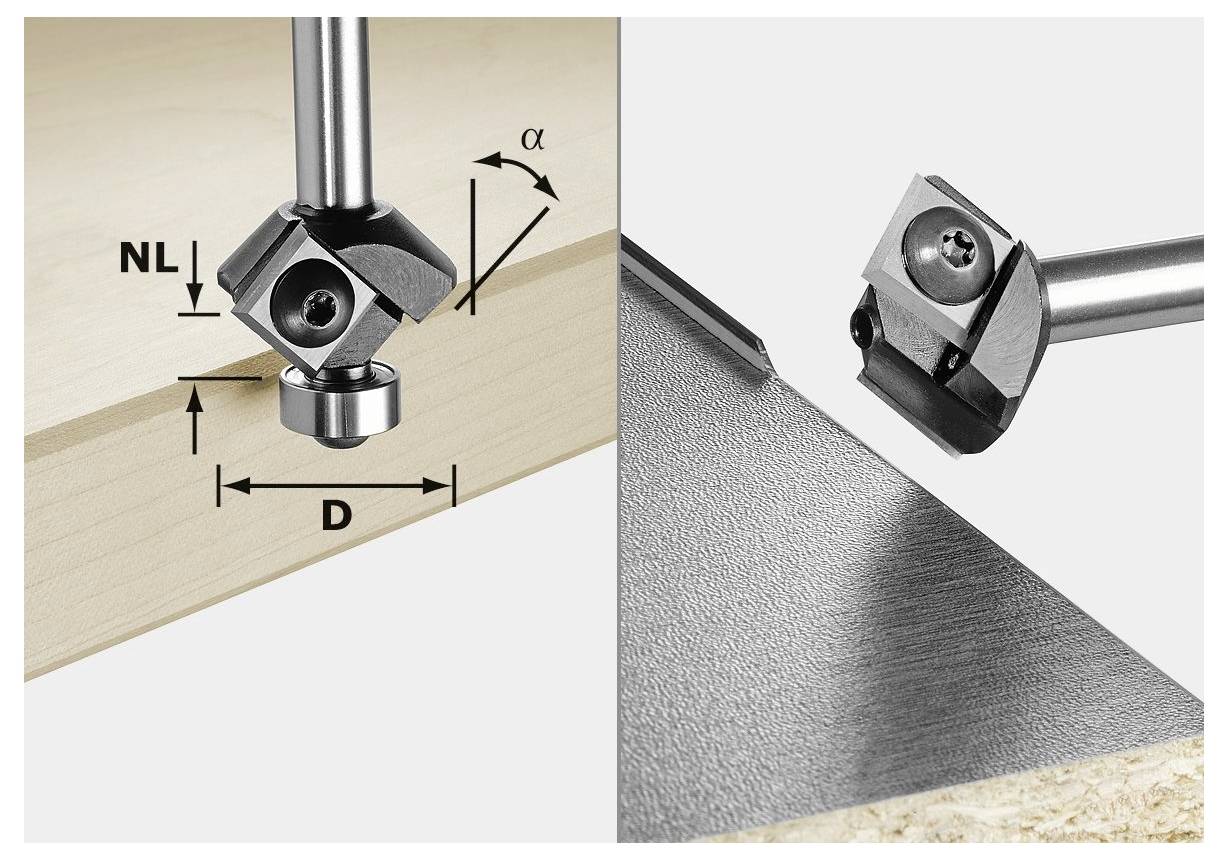 Ein Schneidewerkzeug wird in zwei Bildern gezeigt: links werden die Abmessungen auf Holz dargestellt; rechts ist es bei der Verwendung auf einer Platte zu sehen und zeigt seine Vielseitigkeit.