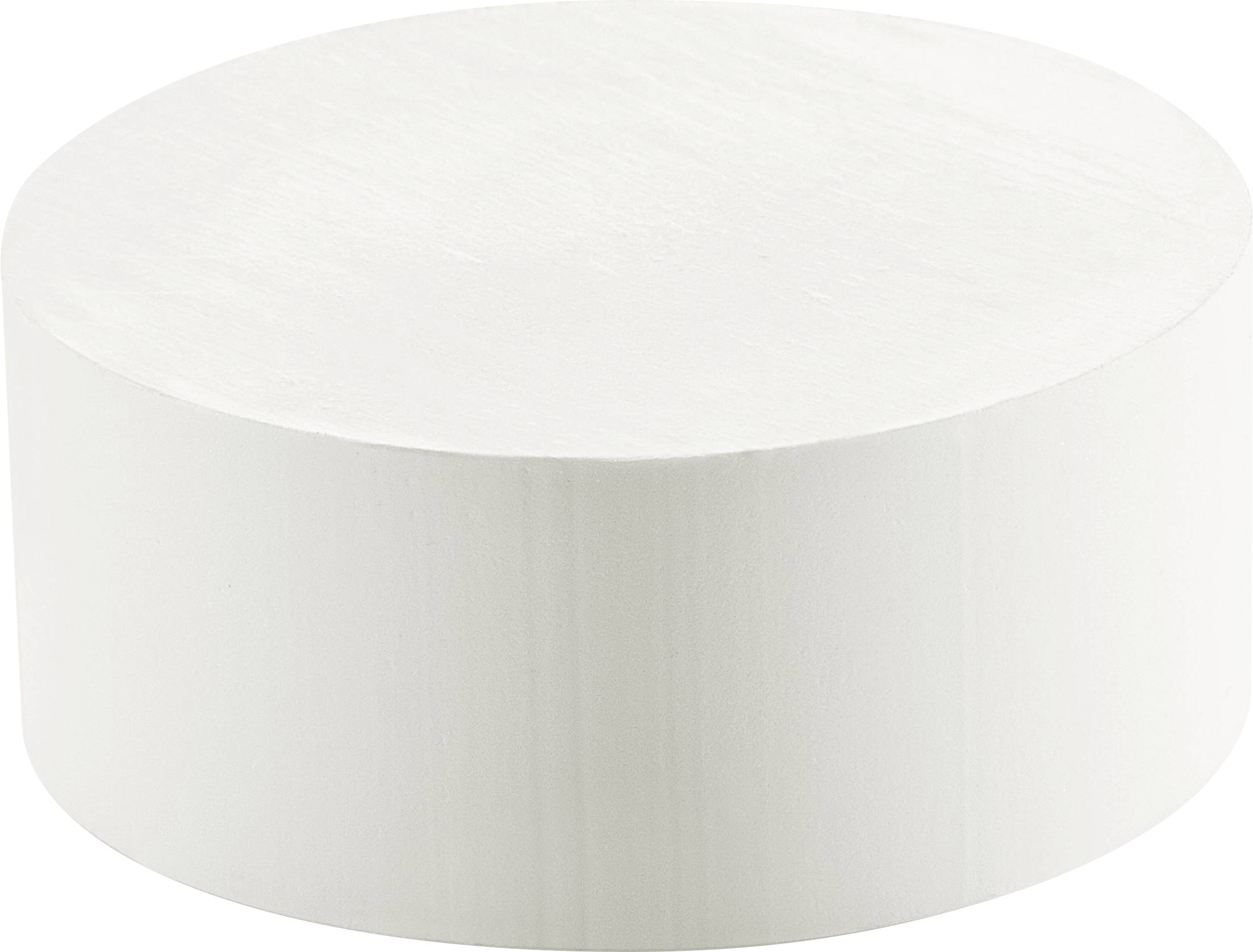 Ein runder, weißer hölzerner Zylinder auf einem einfachen Hintergrund.