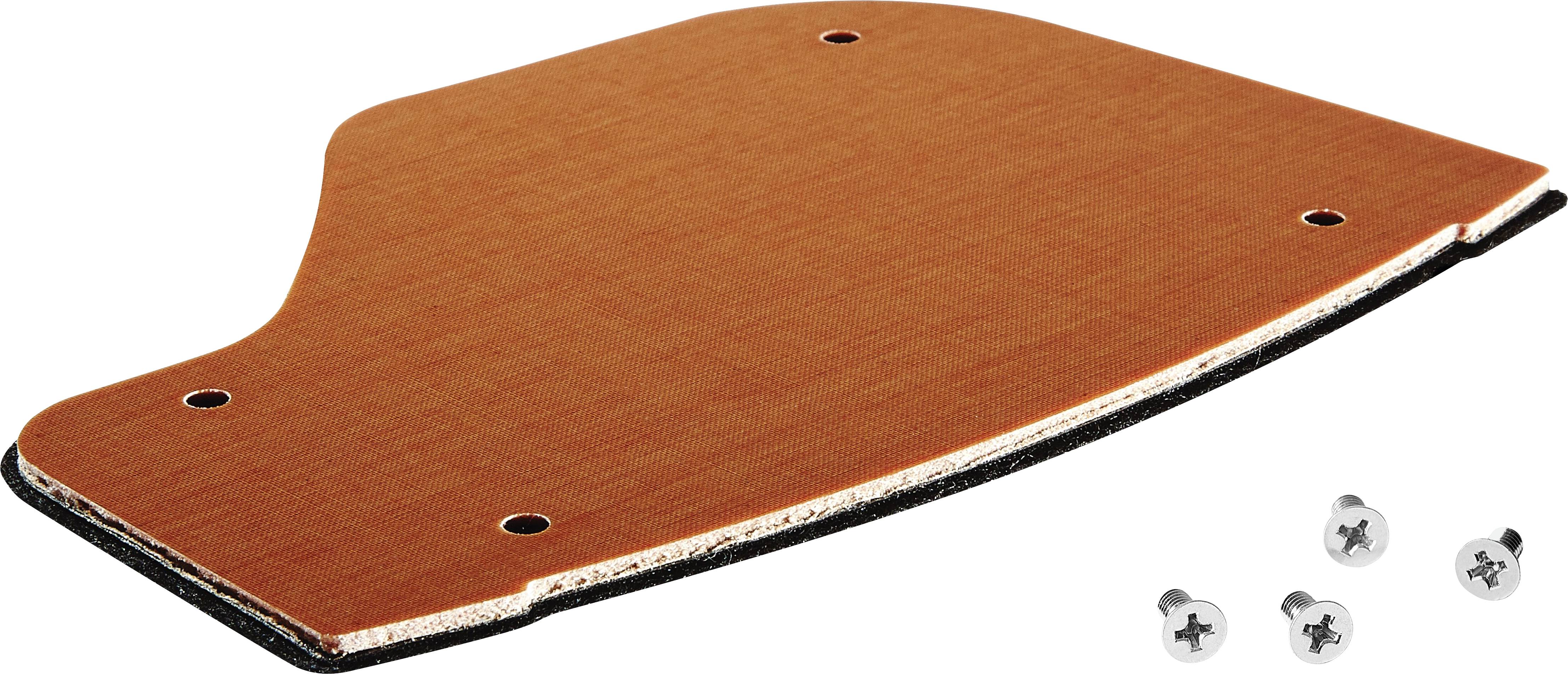 Eine braune, unregelmäßig geformte isolierende Platte mit vier Schraubenlöchern, begleitet von vier kleinen Schrauben, wahrscheinlich zur Verwendung in elektronischen Baugruppen.