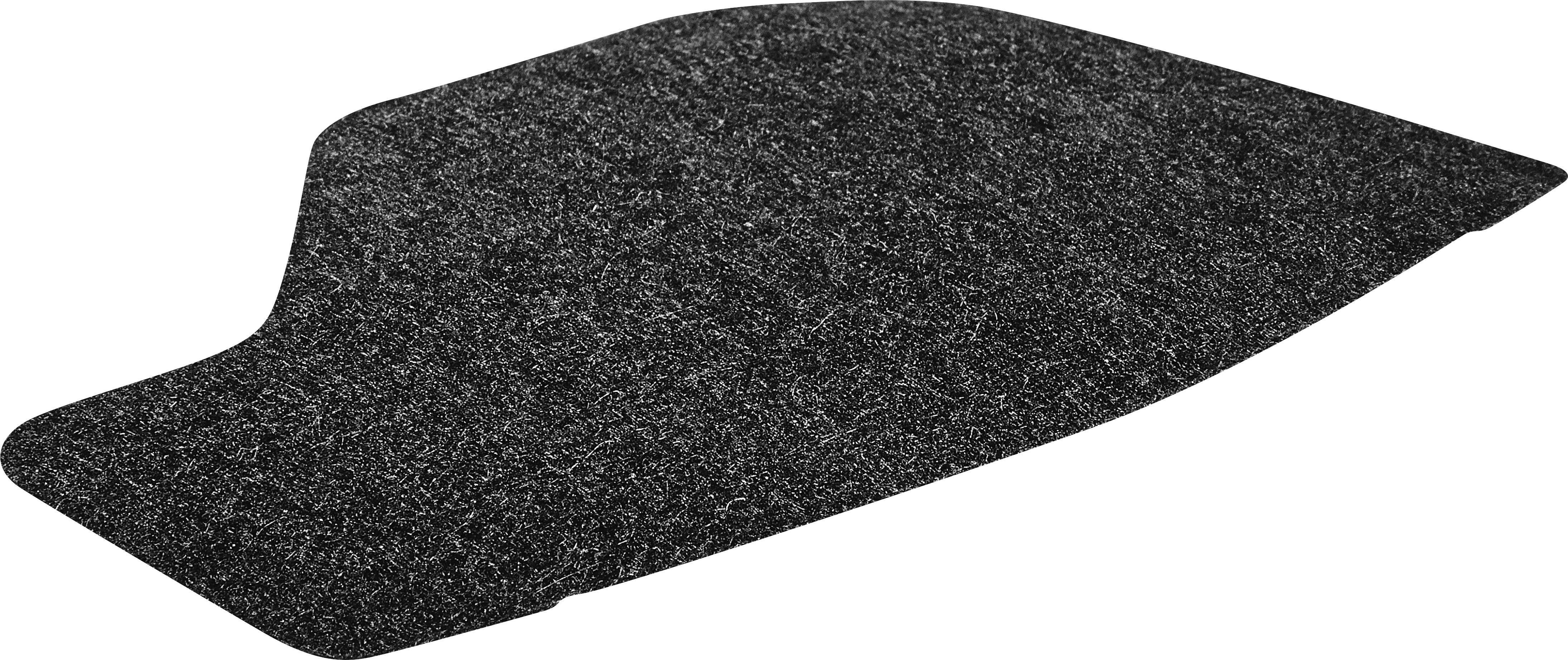 Eine dunkle, strukturierte Autofußmatte wird gezeigt, die ihre unregelmäßige, trapezförmige Form aufweist, die für Autoinnenräume ausgelegt ist.
