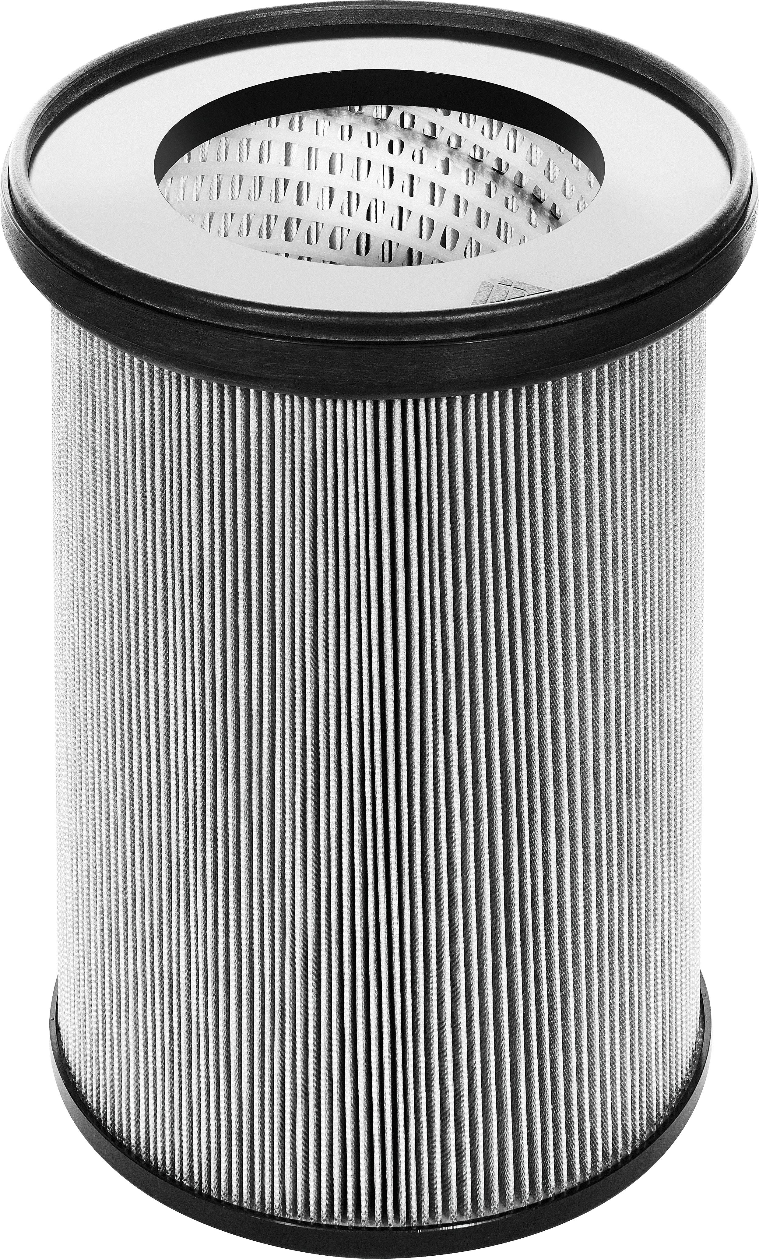 Ein zylindrischer Luftfilter mit einer gefalteten, metallischen Oberfläche und einer runden Öffnung oben, konstruiert für Luftfiltrationszwecke.