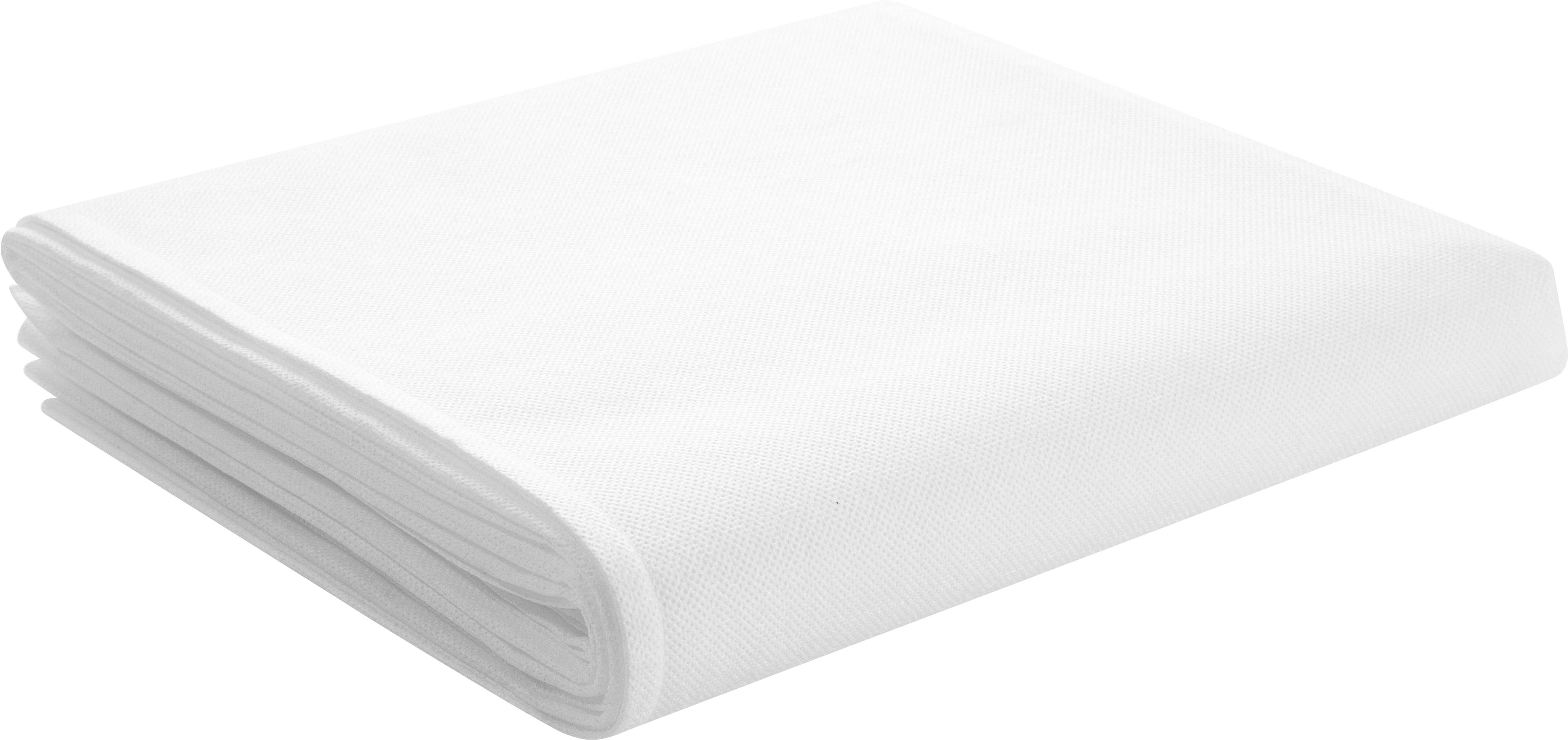 Ein gefaltetes weißes Baumwolltuch, ordnungsgemäß auf einer einfachen weißen Oberfläche angeordnet.