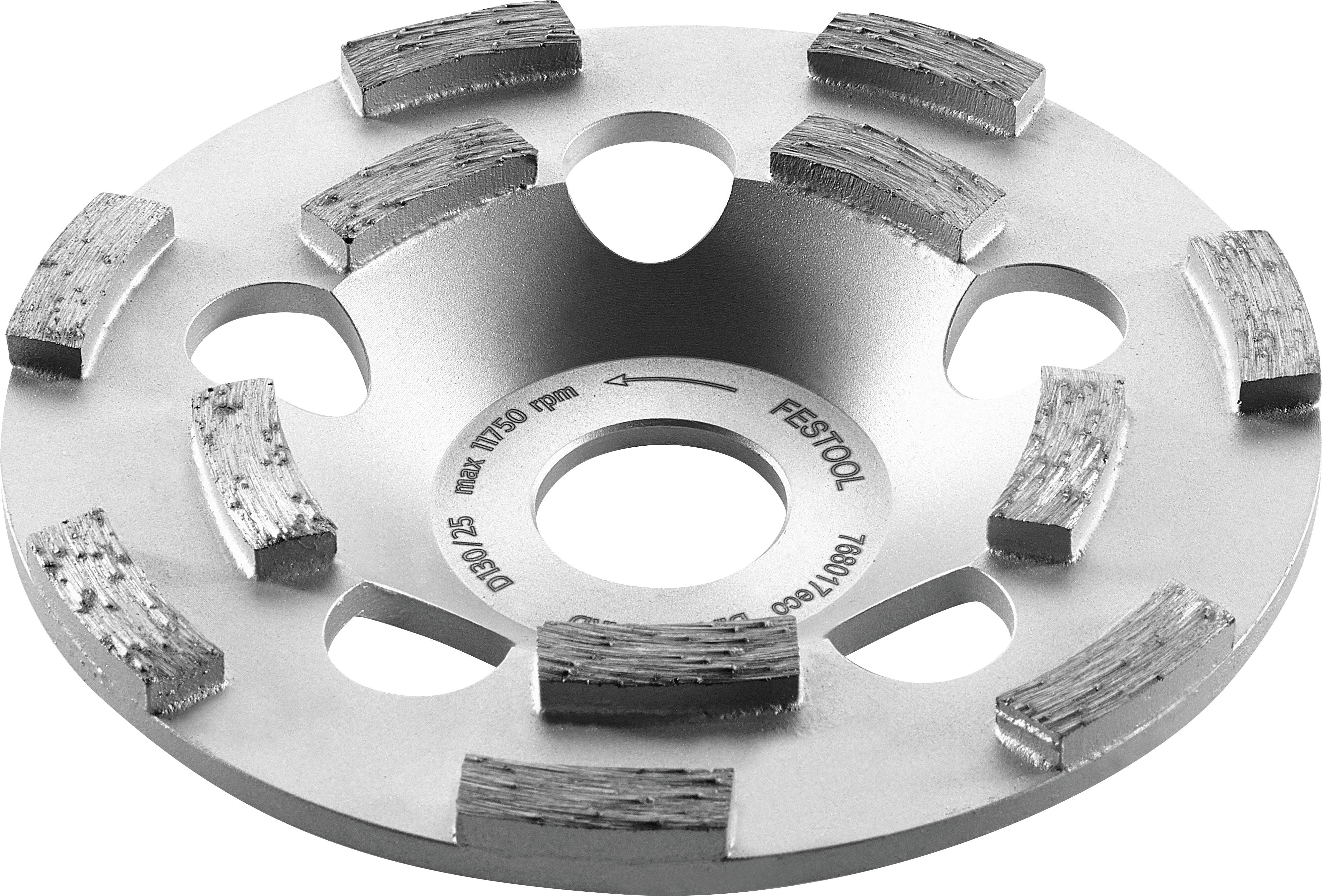 Eine Schleifscheibe aus Silber mit segmentierten Kanten und mehreren Löchern, die zum Schleifen oder Schneiden von Materialien wie Beton oder Stein verwendet wird.