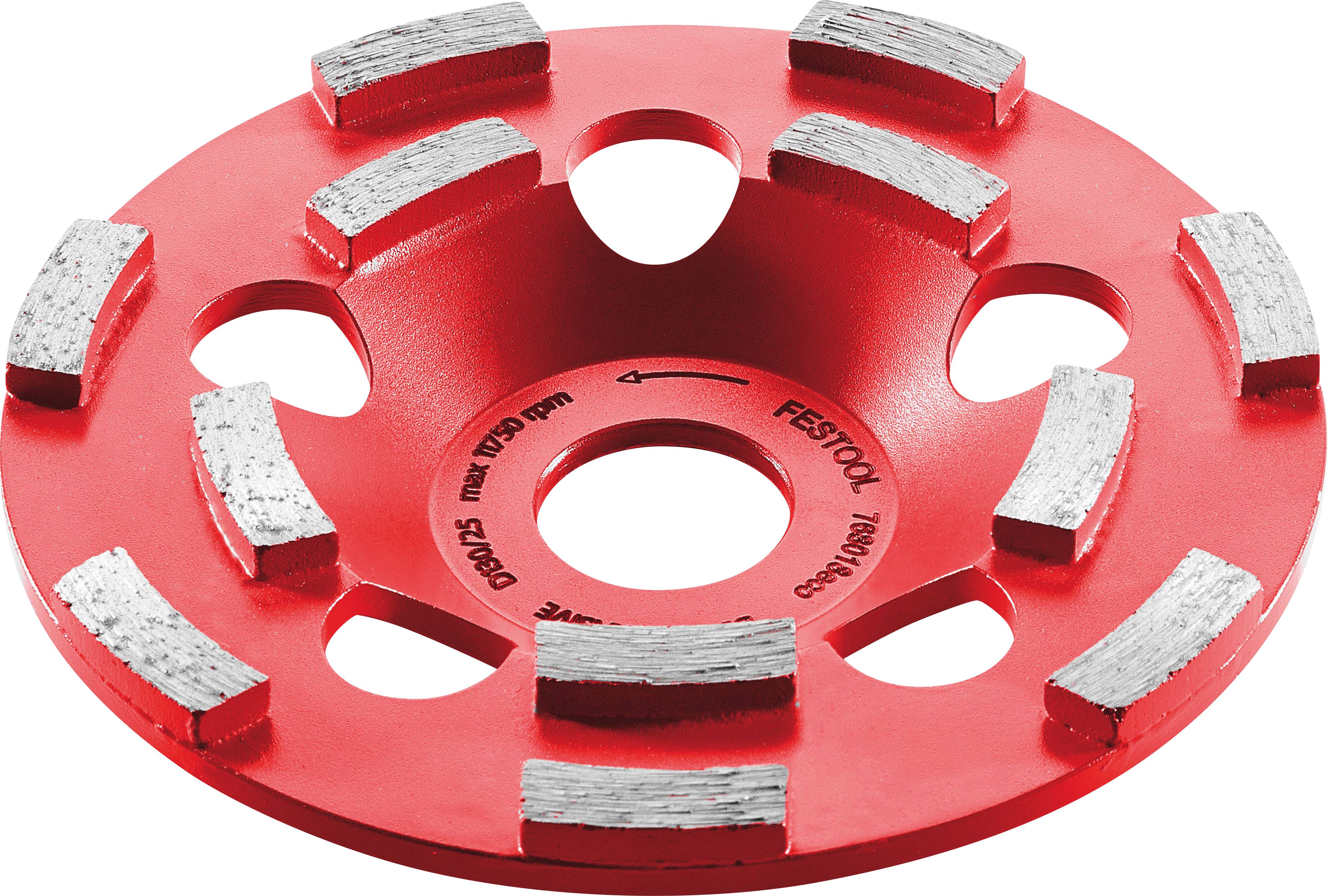 Rote Schleifscheibe mit acht silbernen Segmenten, die um die Mitte angeordnet sind.