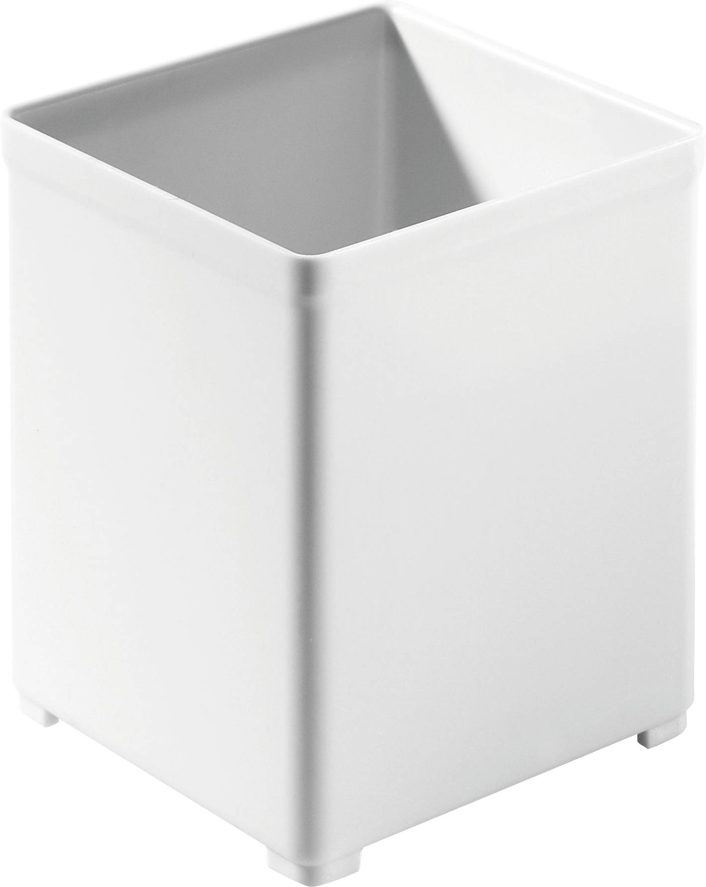Ein kleiner, weißer, oben offener quadratischer Behälter.