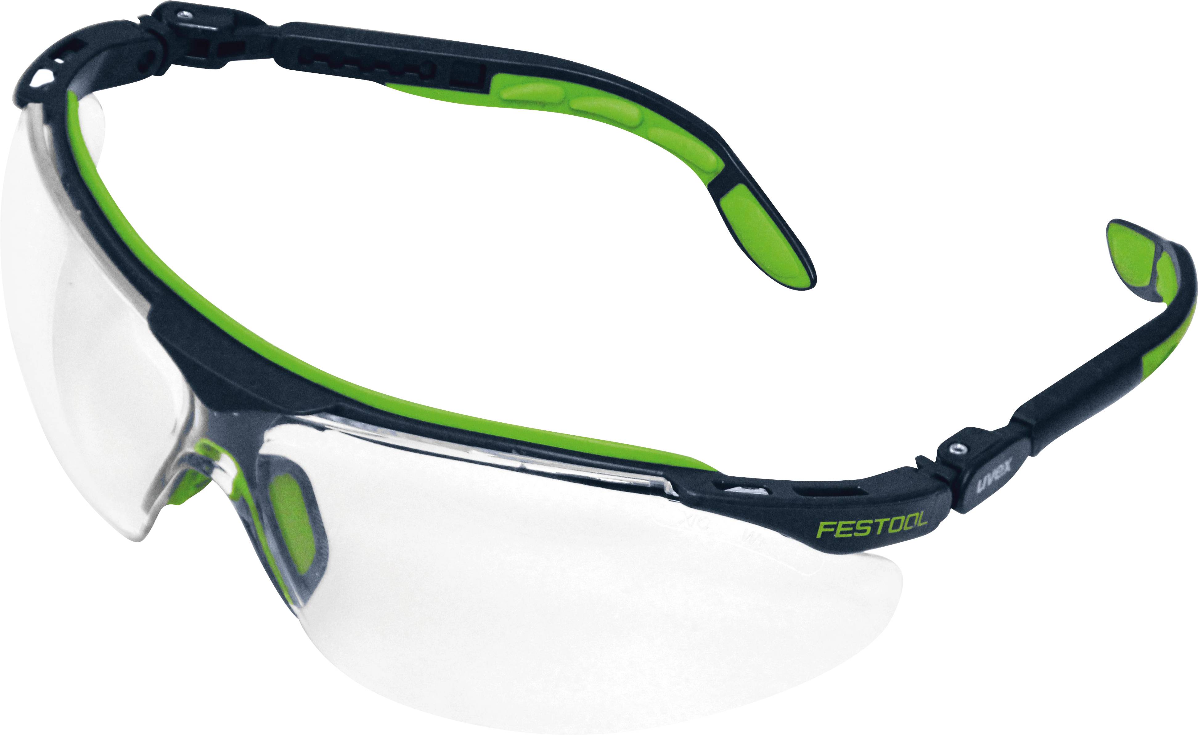 Schutzbrille mit klaren Gläsern und grünem sowie schwarzem Rahmen, konzipiert für den industriellen Gebrauch oder die Werkstattnutzung.