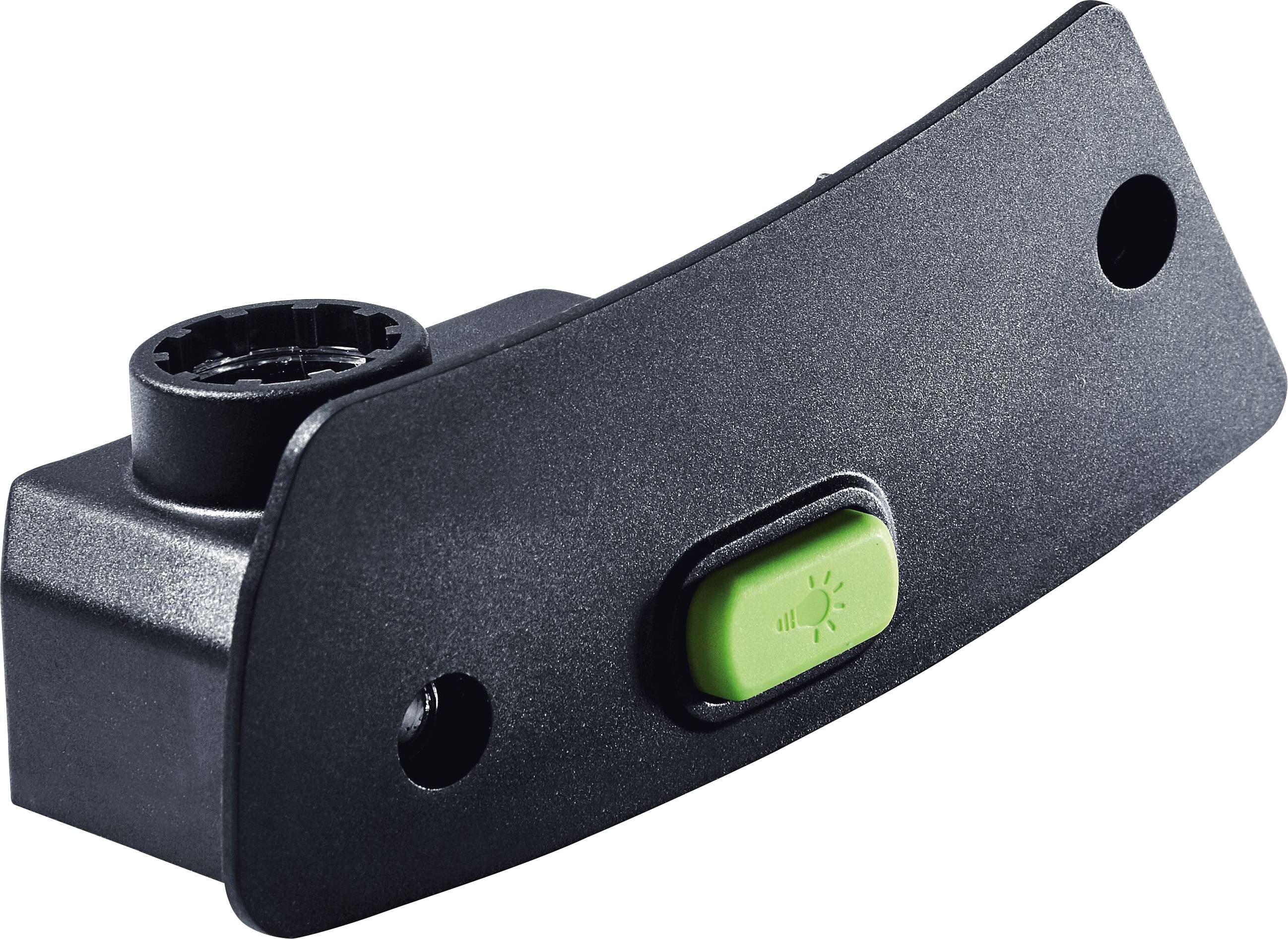 Ein schwarzes Kunststoffbauteil mit zwei Löchern und einem grünen Knopf, der mit einem Glühbirnensymbol gekennzeichnet ist.