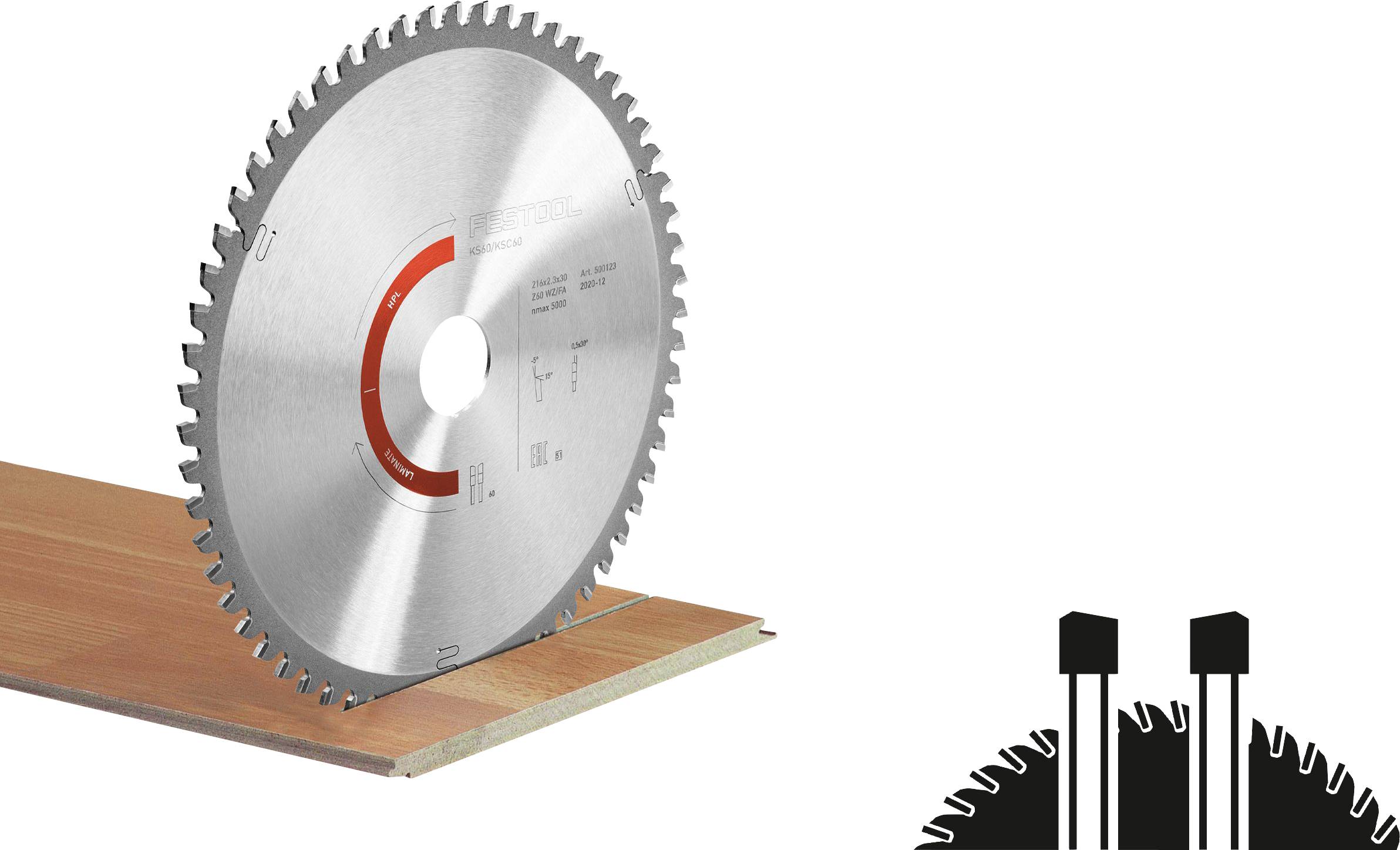 Ein Kreissägeblatt, das teilweise in ein Holzbrett eingeführt ist, mit einer Grafik, die eine Nahaufnahme der Blattspitzen auf der rechten Seite zeigt.