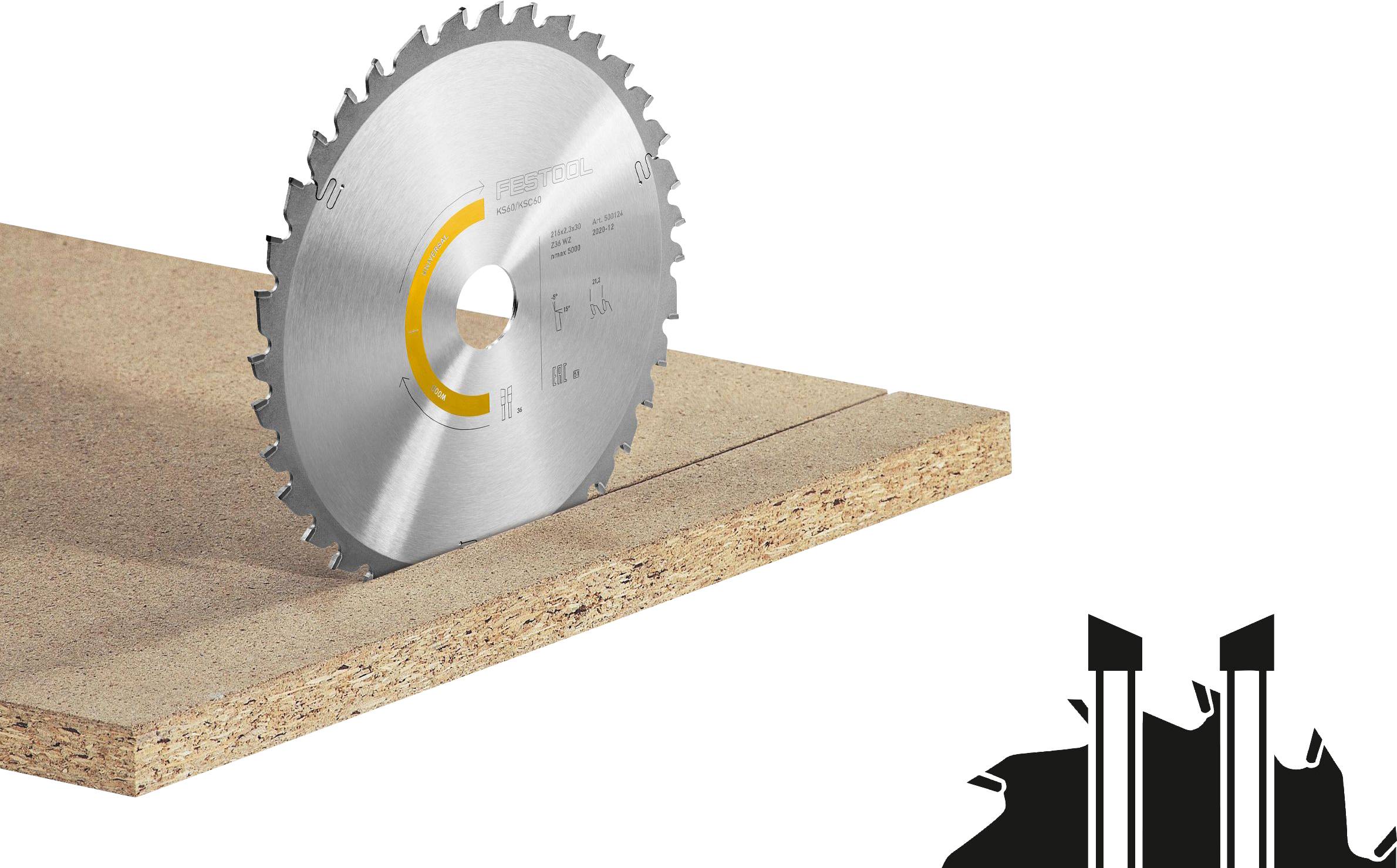 Ein Kreissägeblatt, das in ein Holzbrett eingebettet ist, mit einer Illustration einer Fabrik auf der Seite, die auf industrielle Nutzung hindeutet.