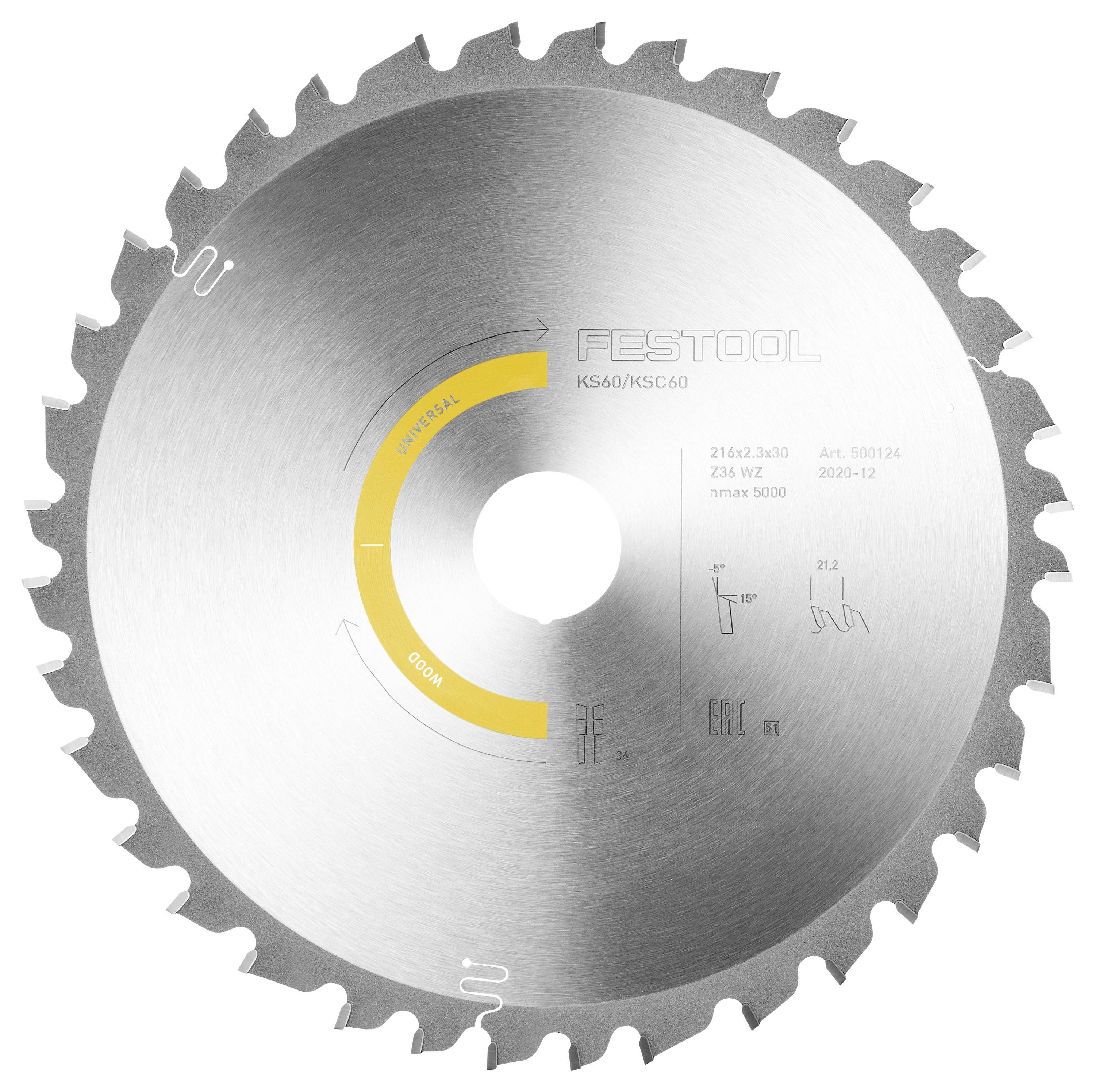 Ein Kreissägeblatt mit scharfen, gleichmäßig verteilten Zähnen. Die Markierungen auf dem Blatt umfassen 'Festool KS 60', Materialrichtung und Modellspezifikationen.