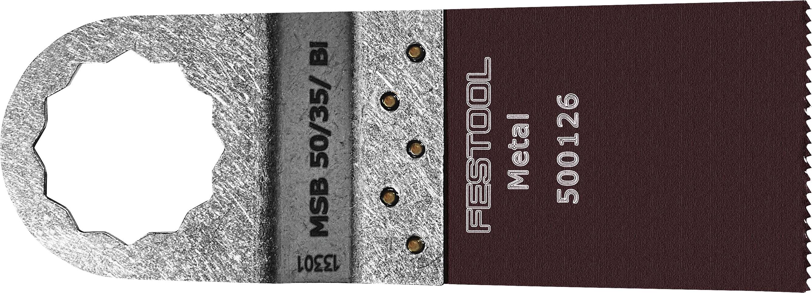 The image shows a Festool metal cutting blade labeled 'MSB 50/35/BI', 'Festool Metal', and '500126', with a serrated cutting edge.